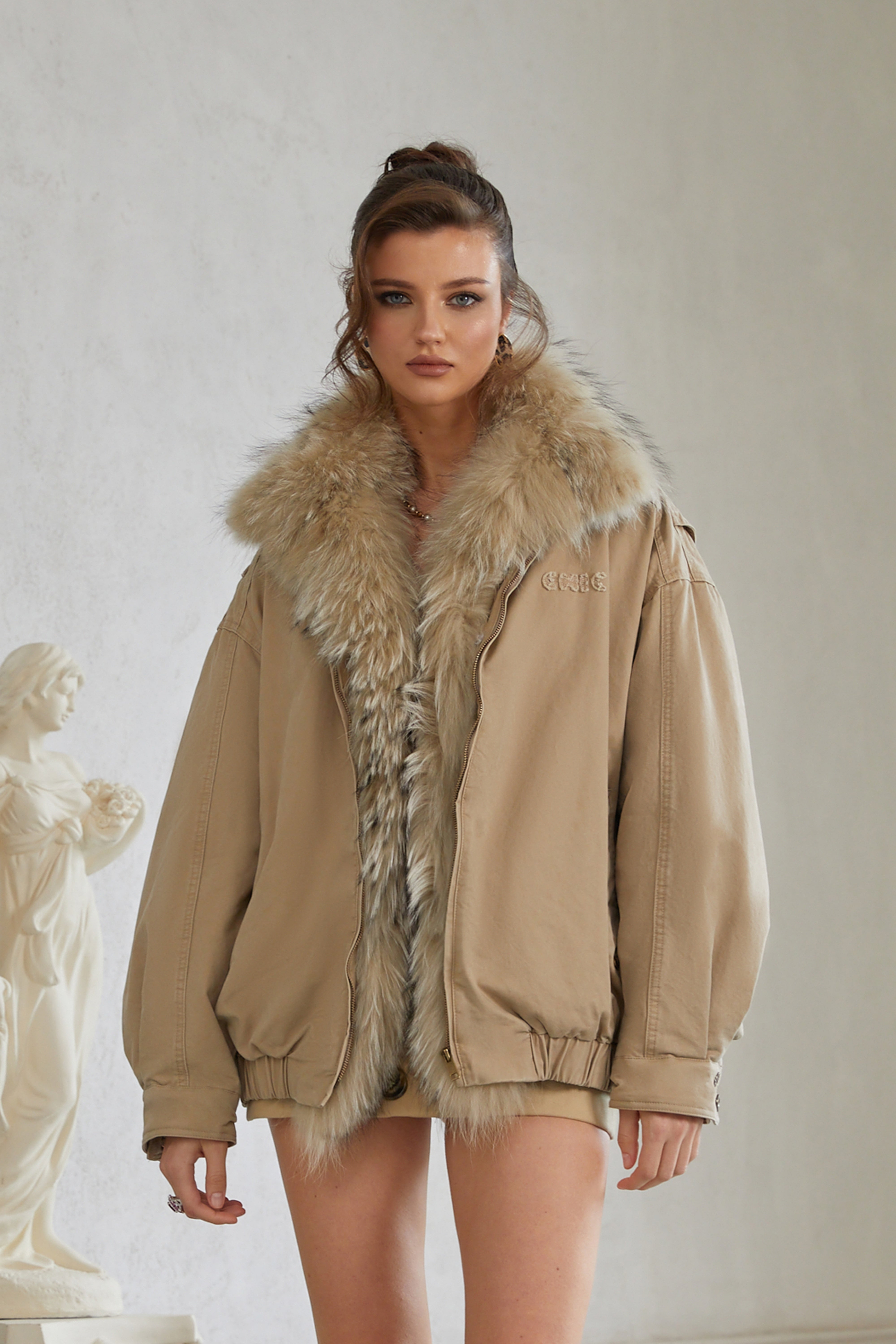 Rosanna Khaki Fur Panel Bomber Puffer Jacket