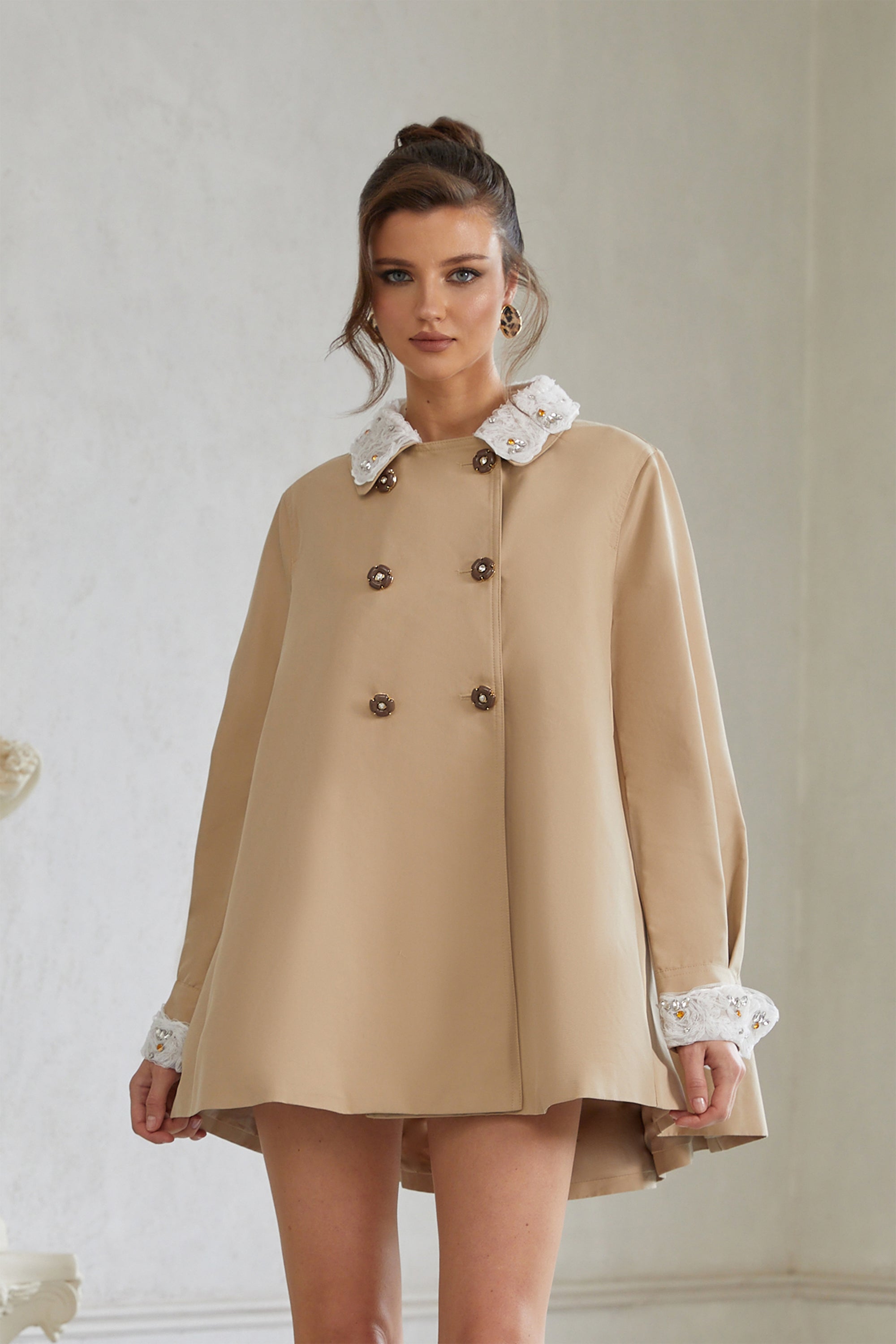 Marta Khaki Embellished Lace Trim Trench Coat