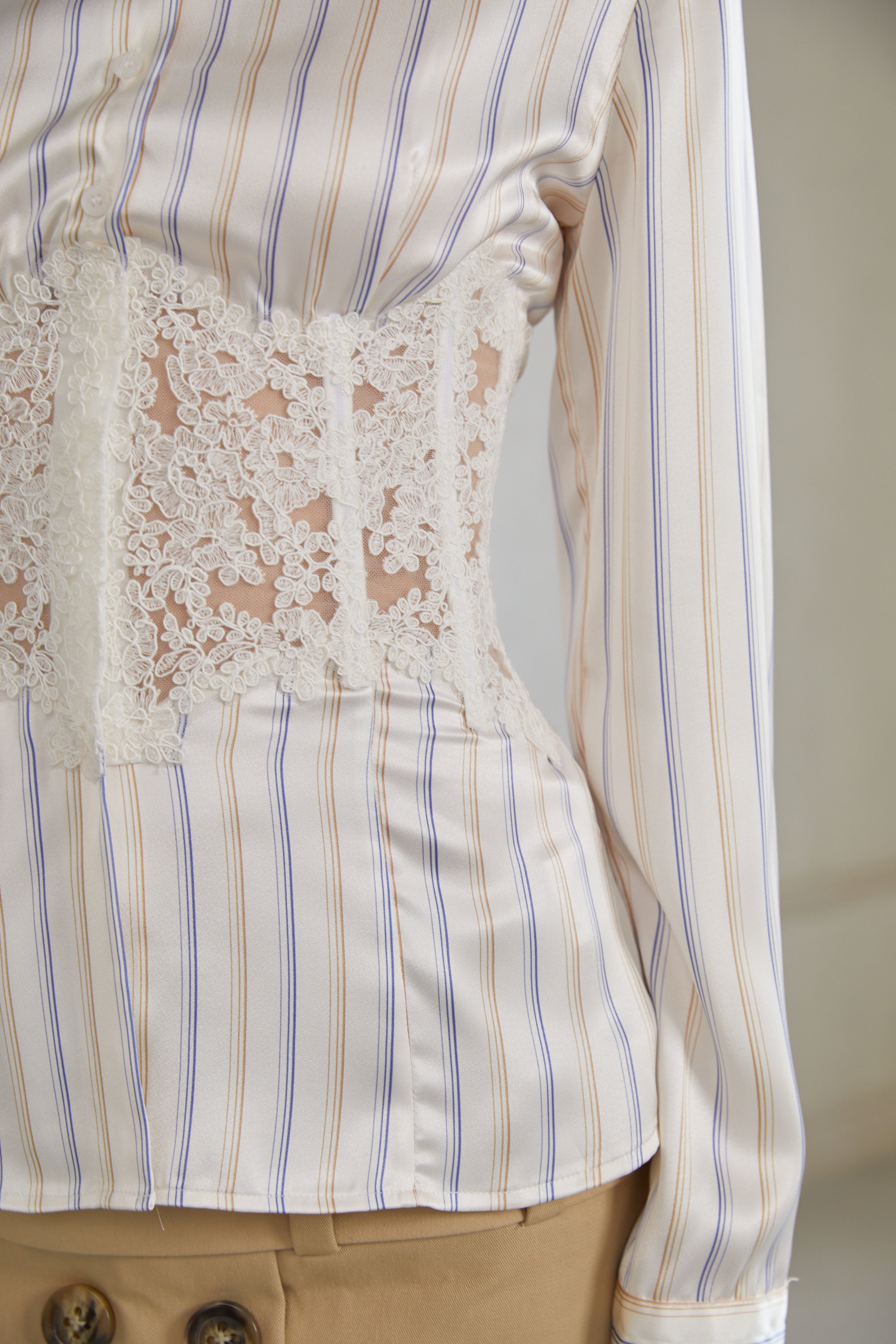 Wren White Lace Corset Panel Striped Button-Up Shirt