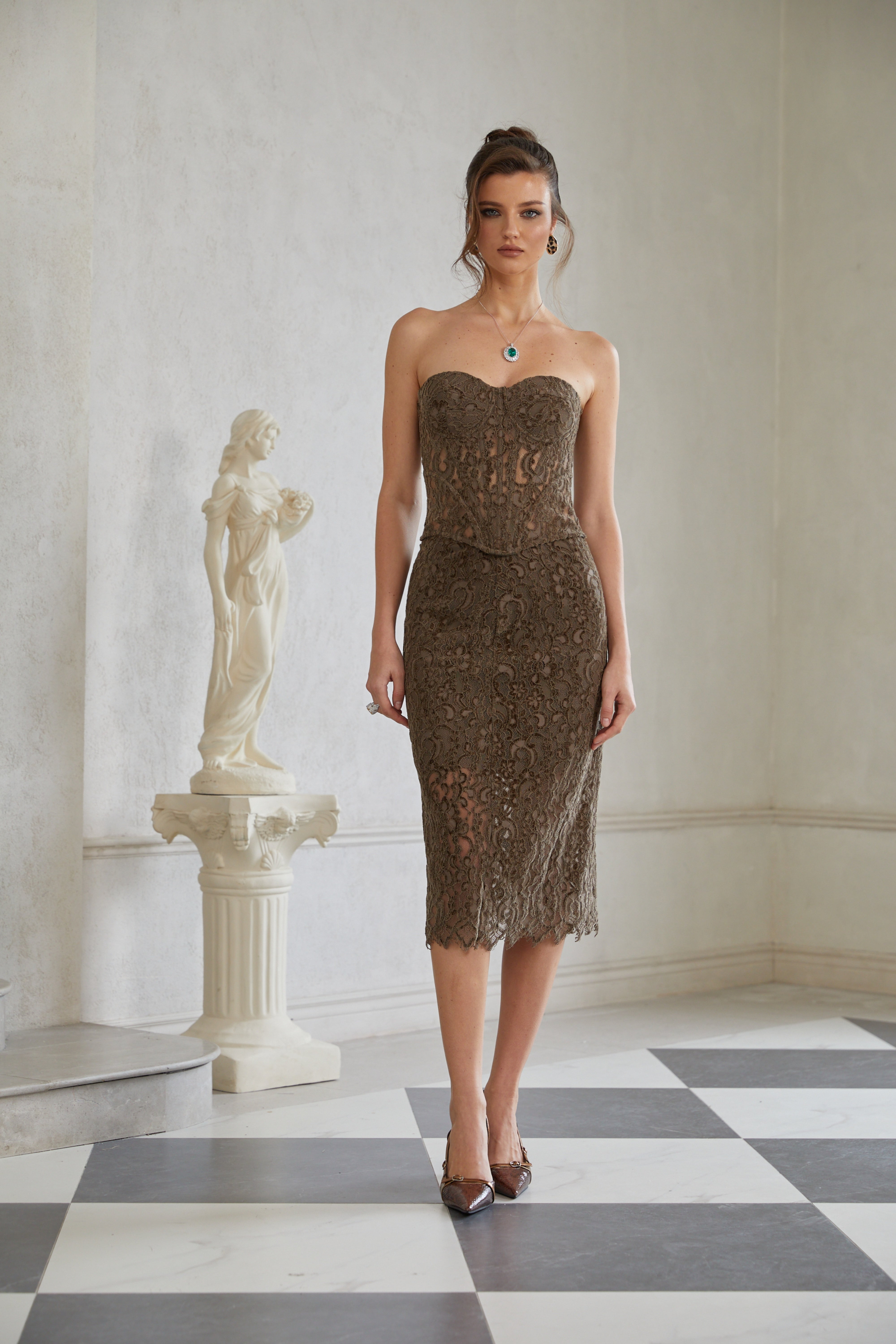 Gioia Dark Green Chenille Lace Top & Skirt Set (Final Sale)