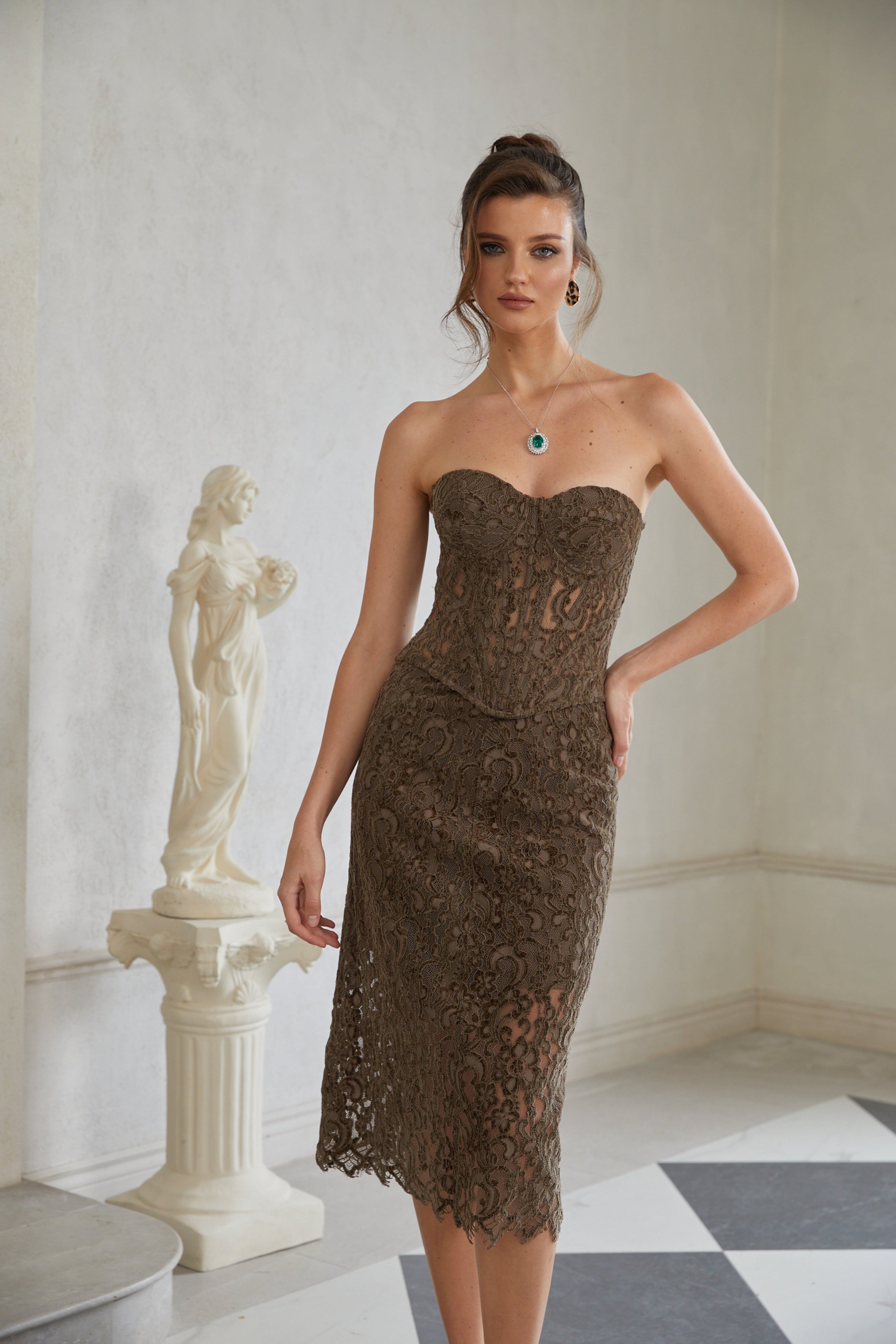 Gioia Dark Green Chenille Lace Top & Skirt Set