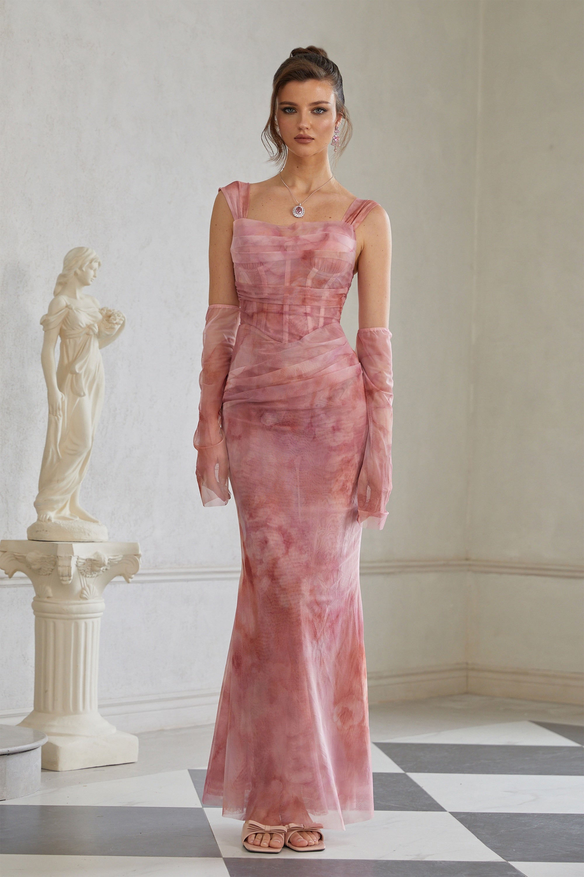 Amélie Pink Ombré Ruched Tulle Maxi Dress (Without Gloves) (Final Sale-US Only)