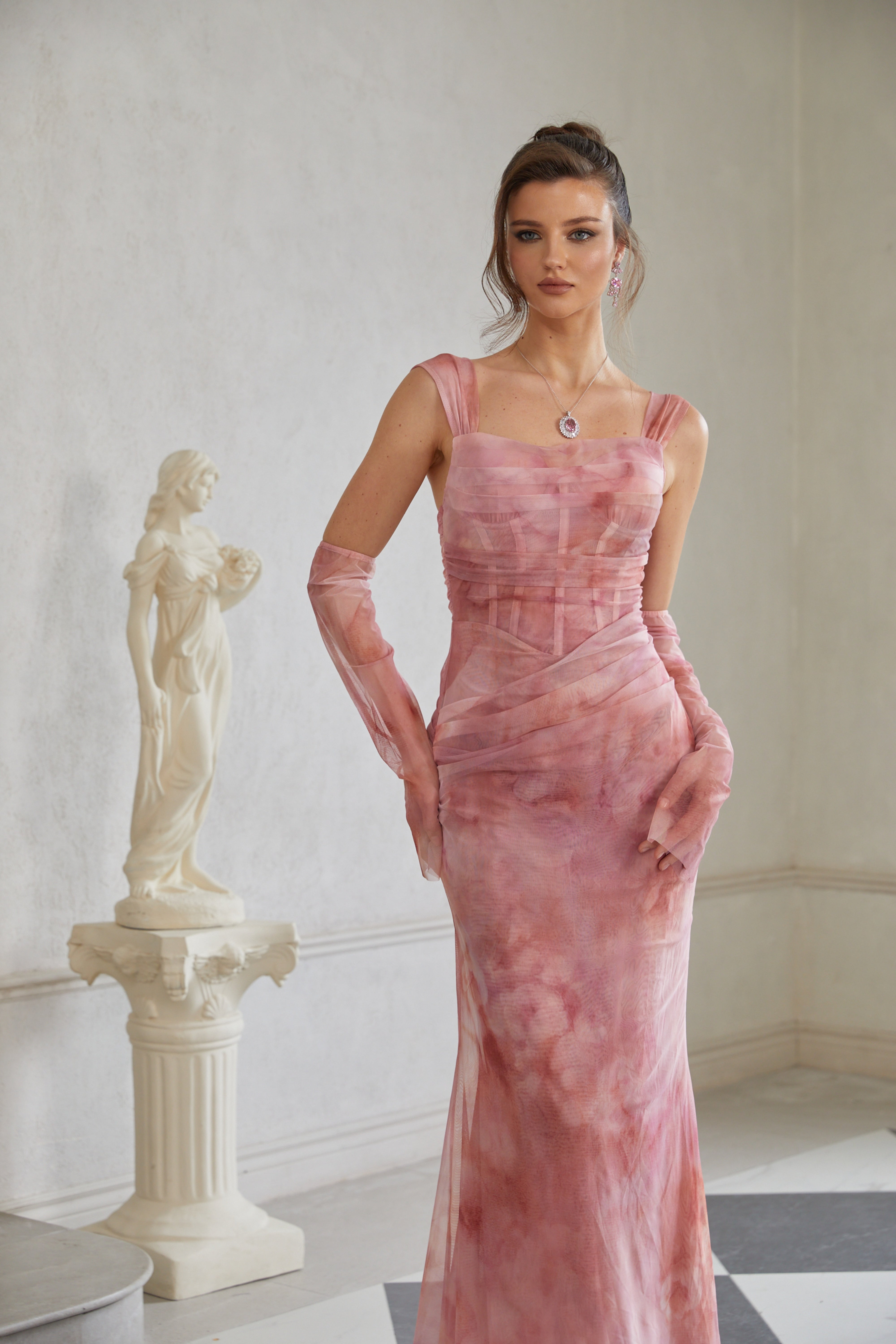 Amélie Pink Ombré Ruched Tulle Maxi Dress (Without Gloves) (Final Sale-US Only)