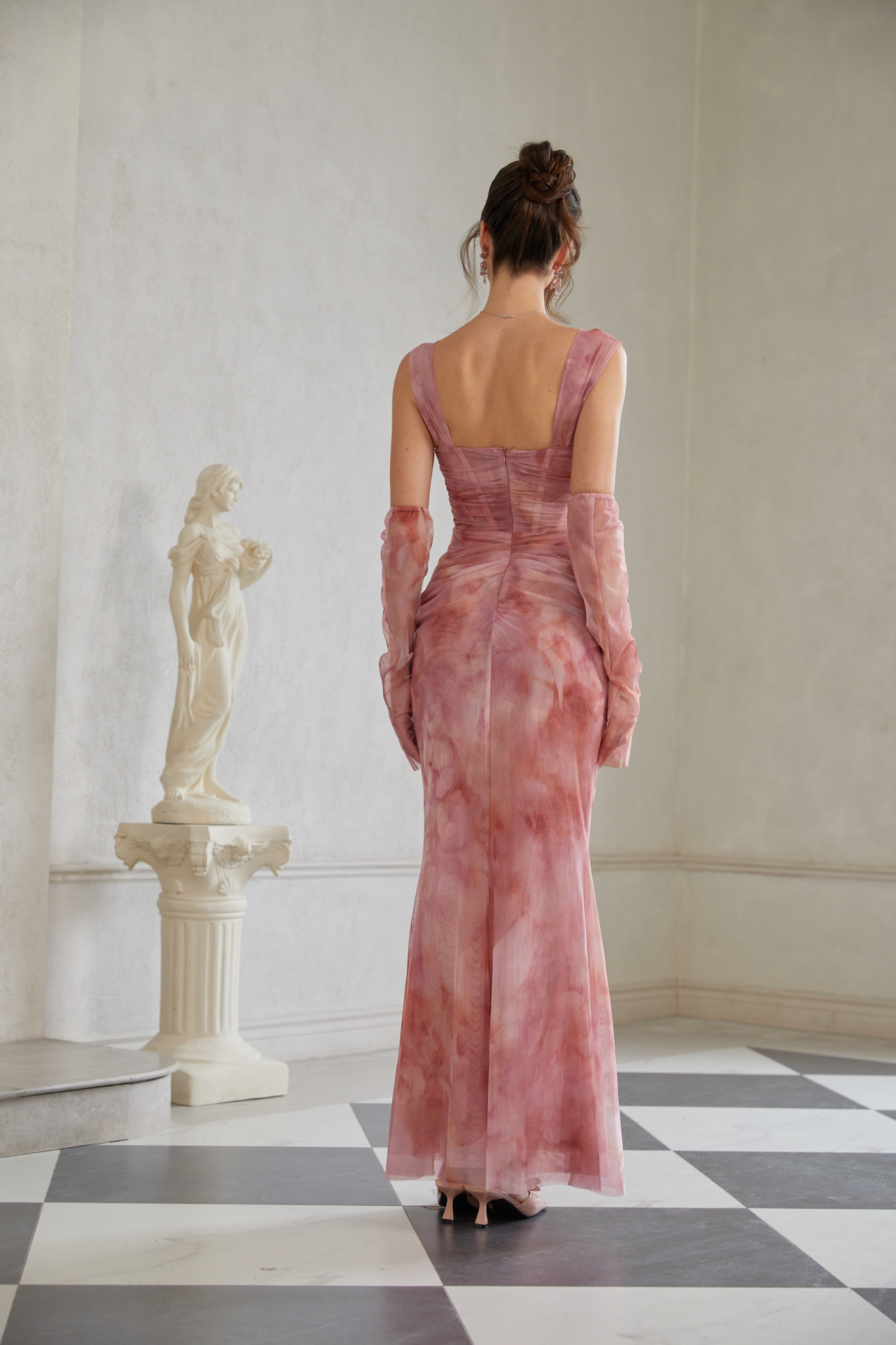 Amélie Pink Ombré Ruched Tulle Maxi Dress (Without Gloves) (Final Sale-US Only)