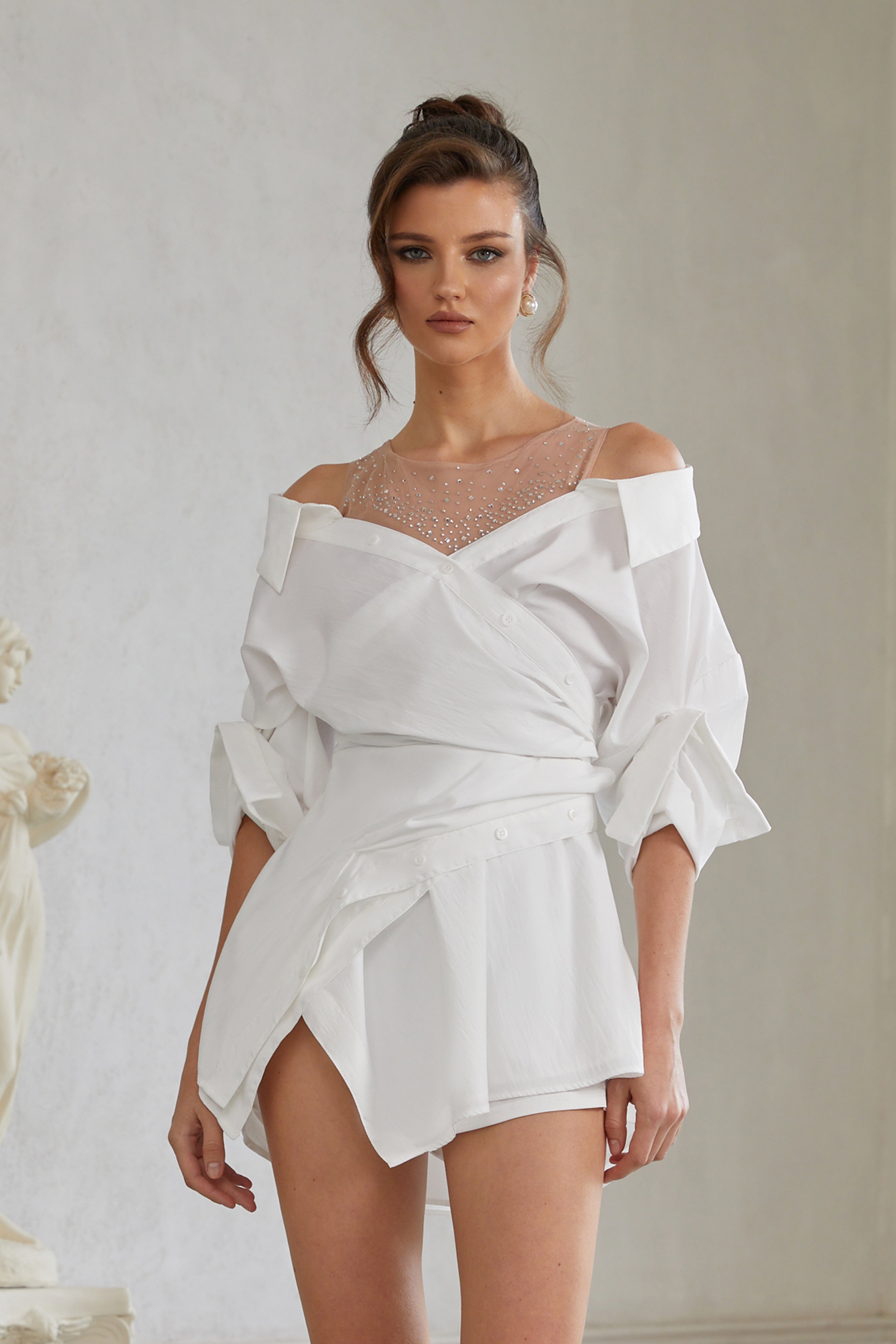 Jamie White Asymmetrical Gathered Mini Shirt Dress