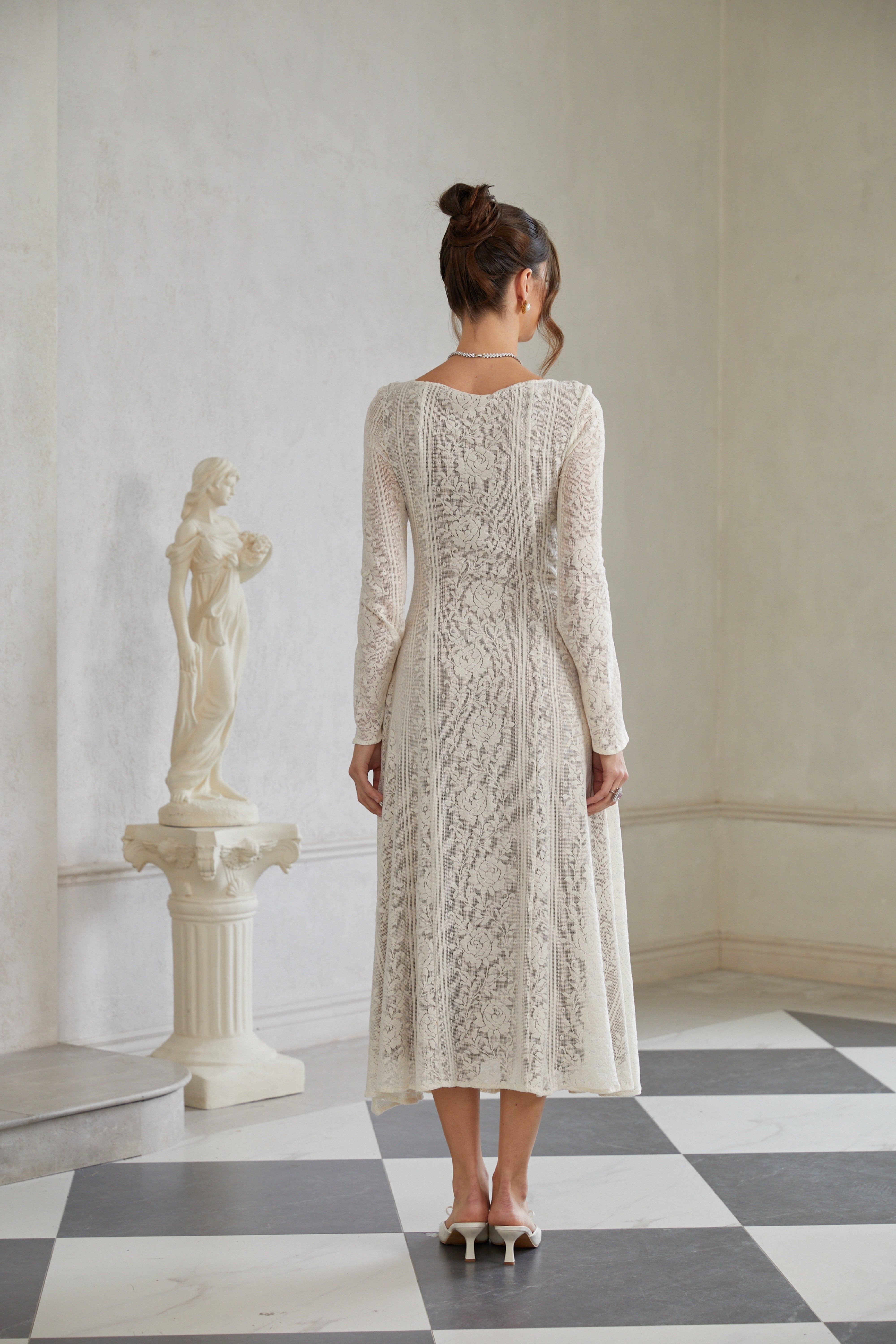 Céline White Flared Crochet Knit Midi Dress