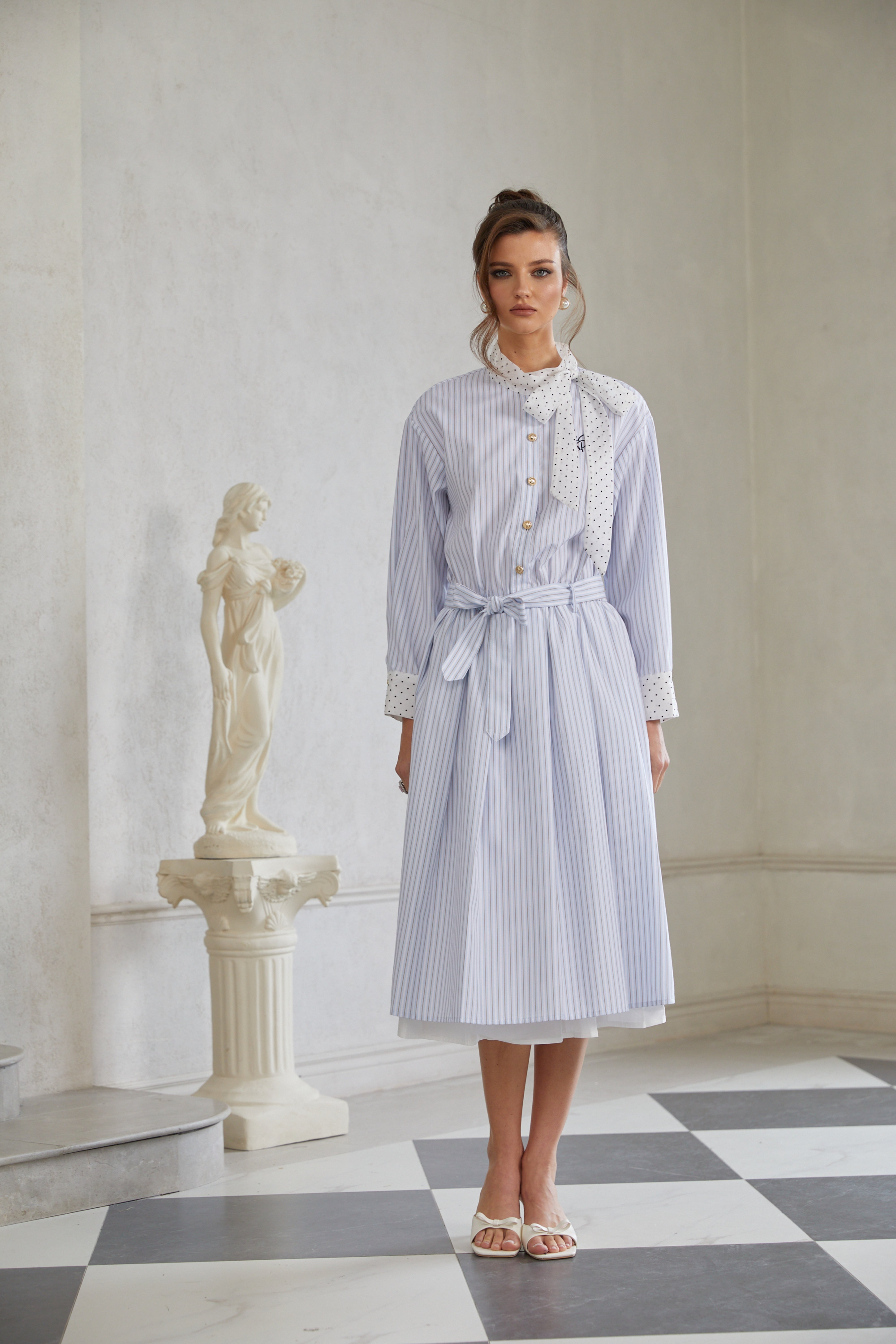 Poppy Blue Self-Tie Striped Midi Shirt Dress