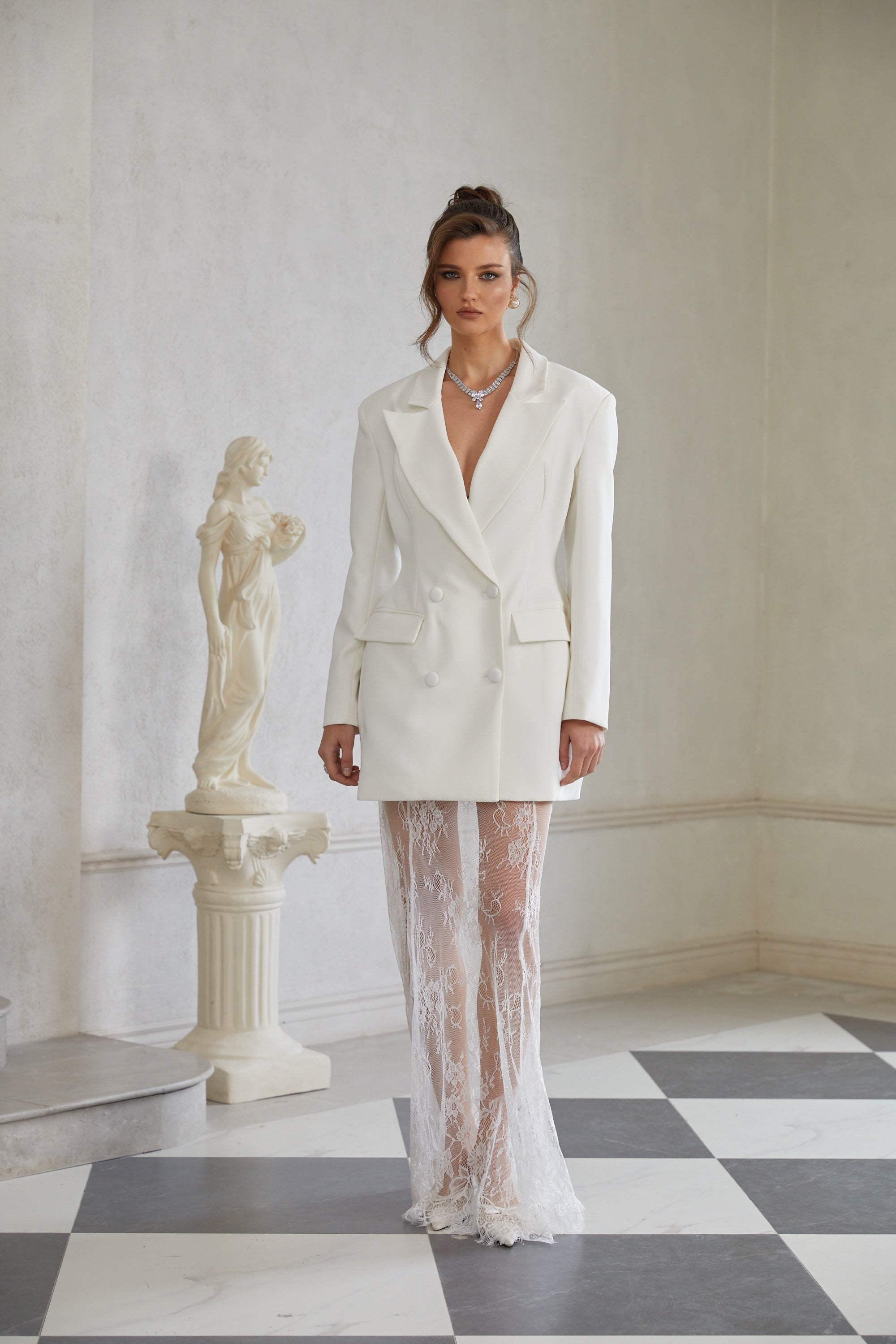 Adélise White Blazer & Lace Skirt Set