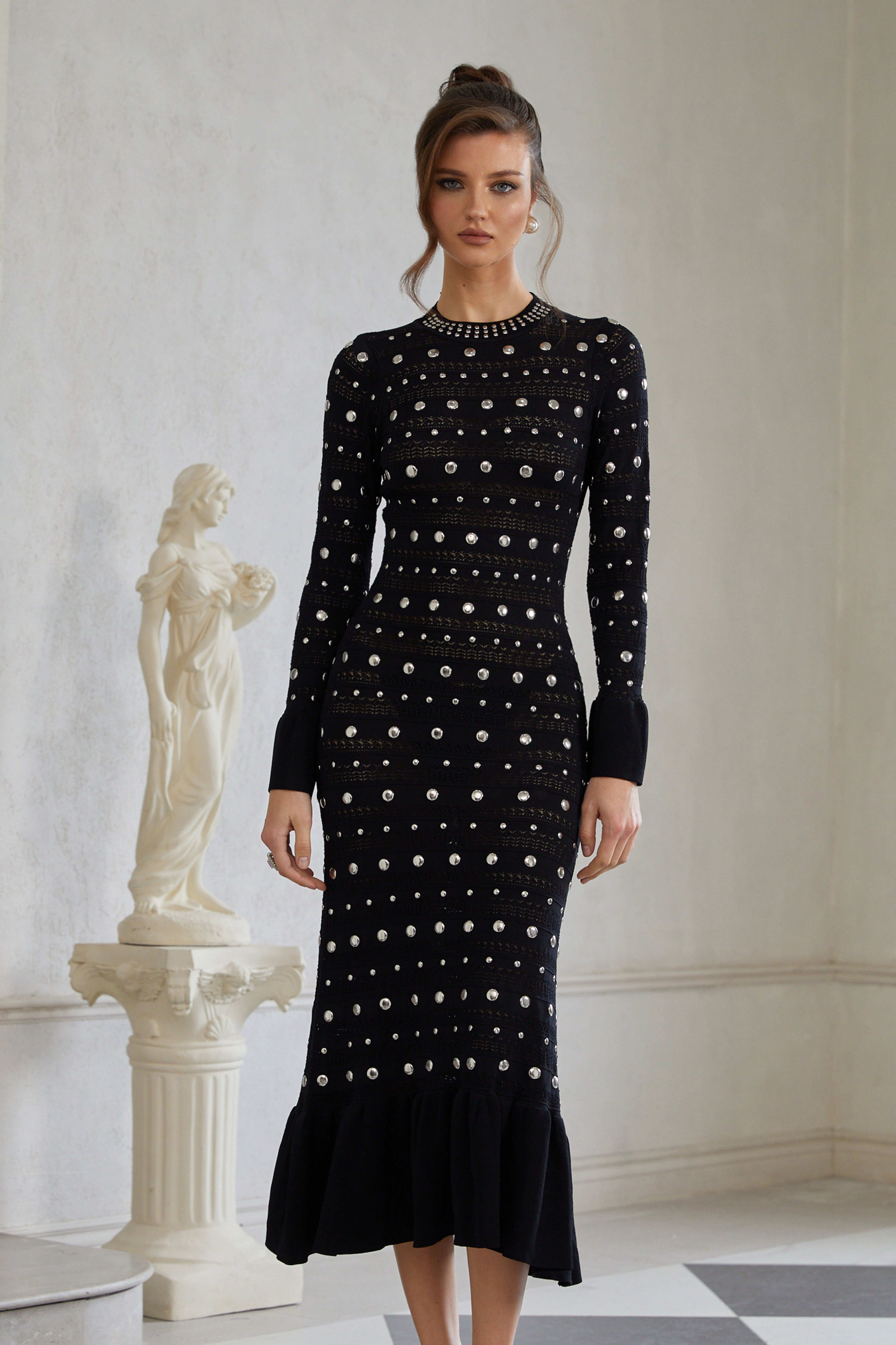 Chloé Black Long Sleeve Studded Crochet Knit Midi dress
