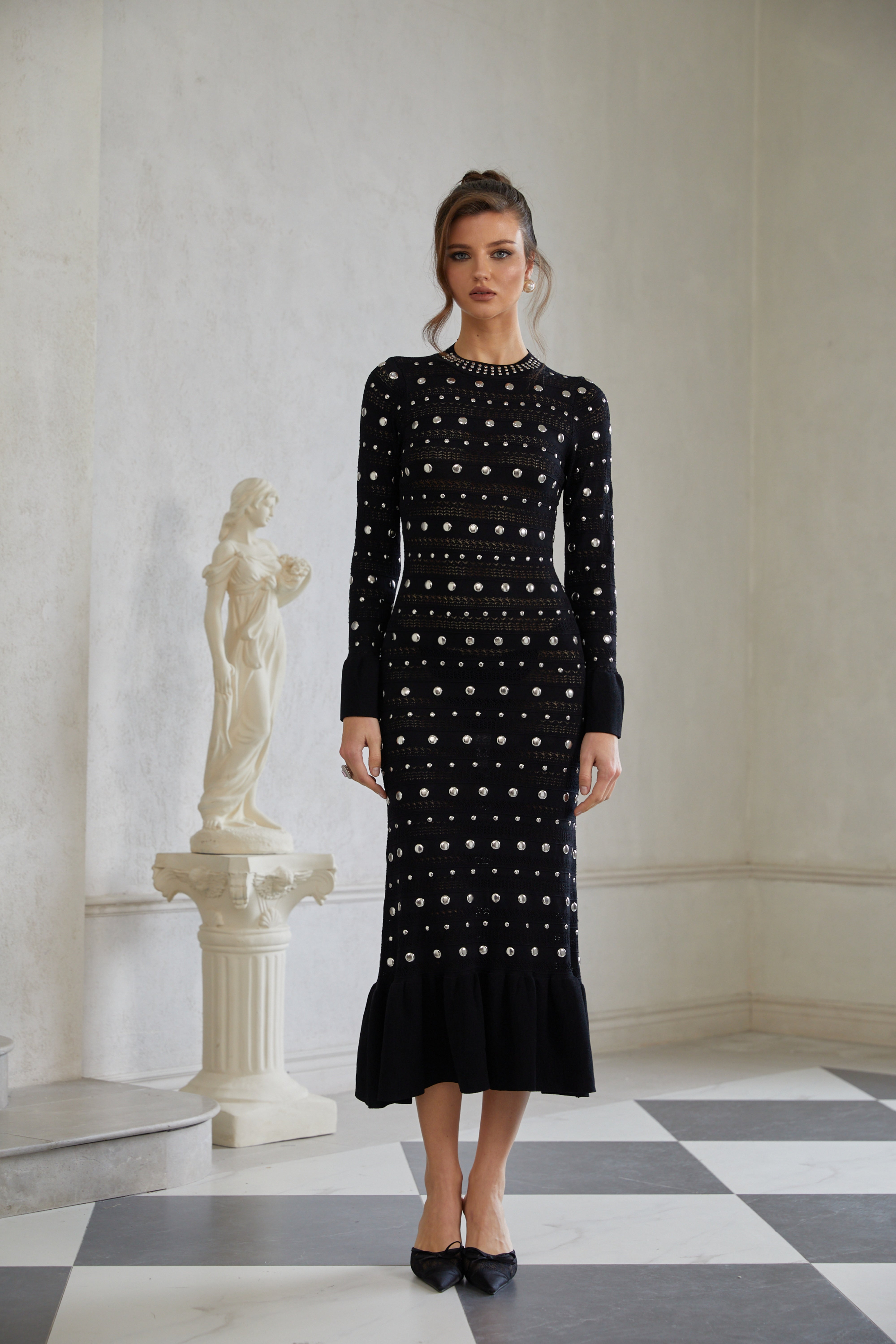 Chloé Black Long Sleeve Studded Crochet Knit Midi dress