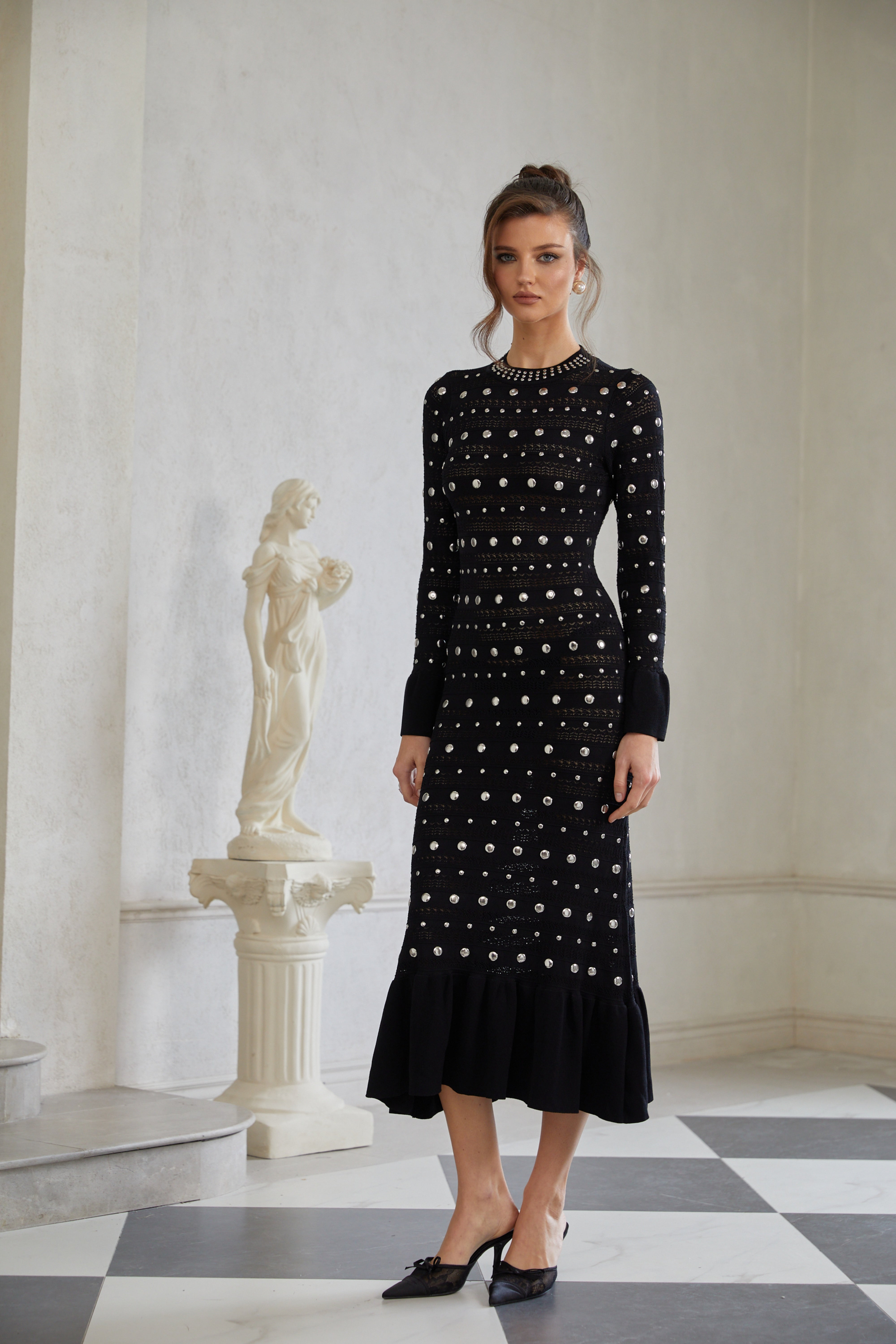 Chloé Black Long Sleeve Studded Crochet Knit Midi dress