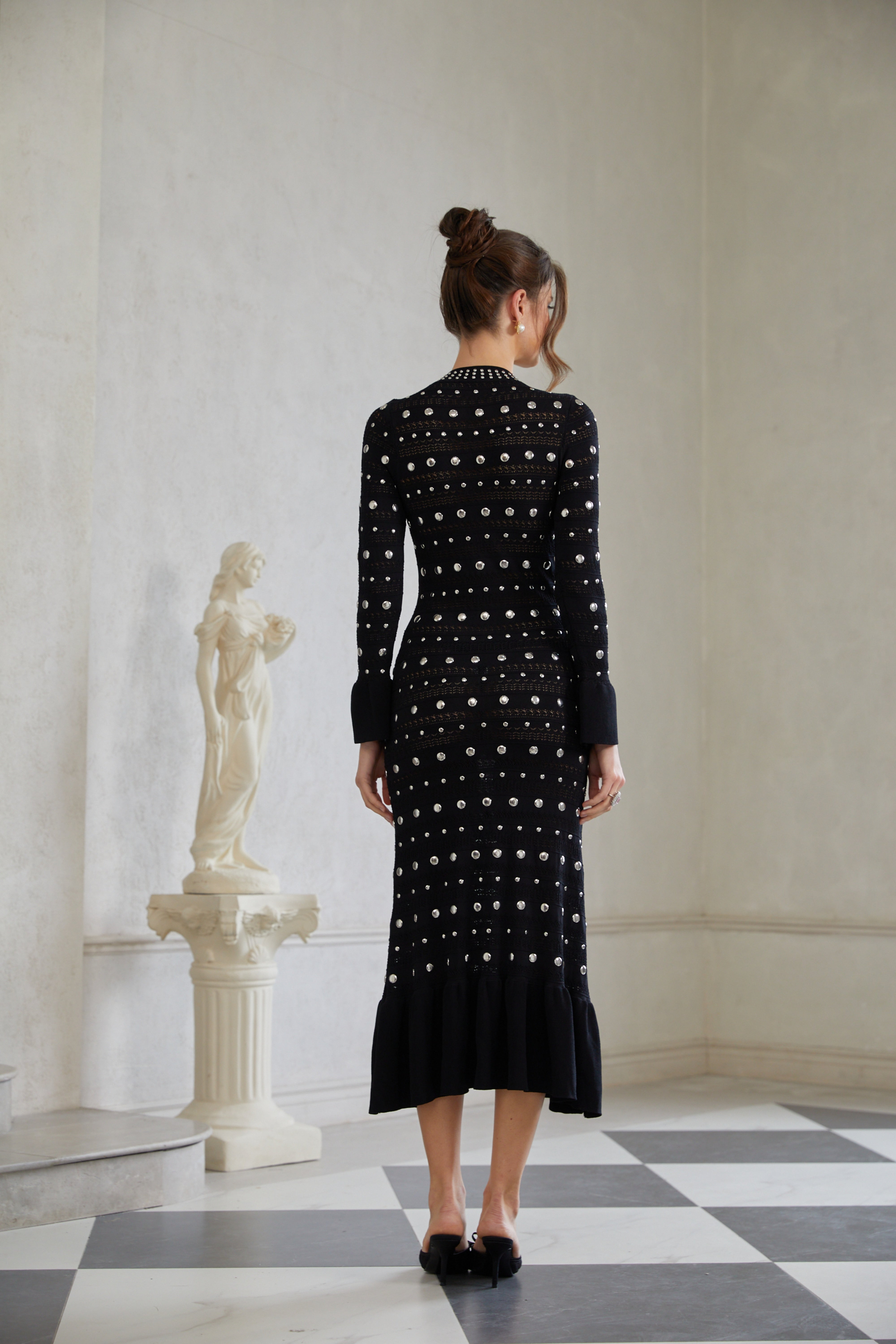 Chloé Black Long Sleeve Studded Crochet Knit Midi dress