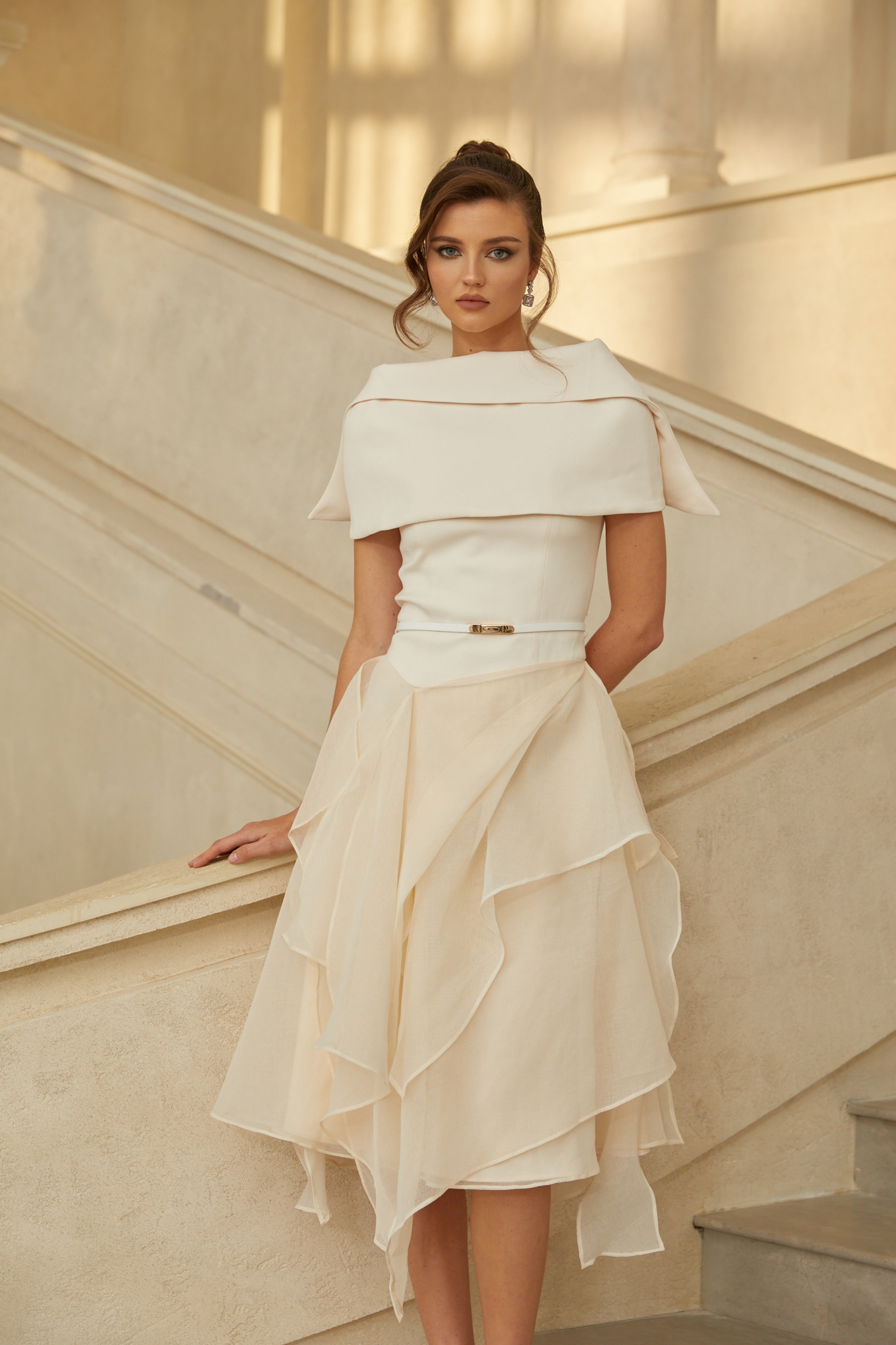 Aria White Asymmetrical Shawl & Tulle Panel Dress Set