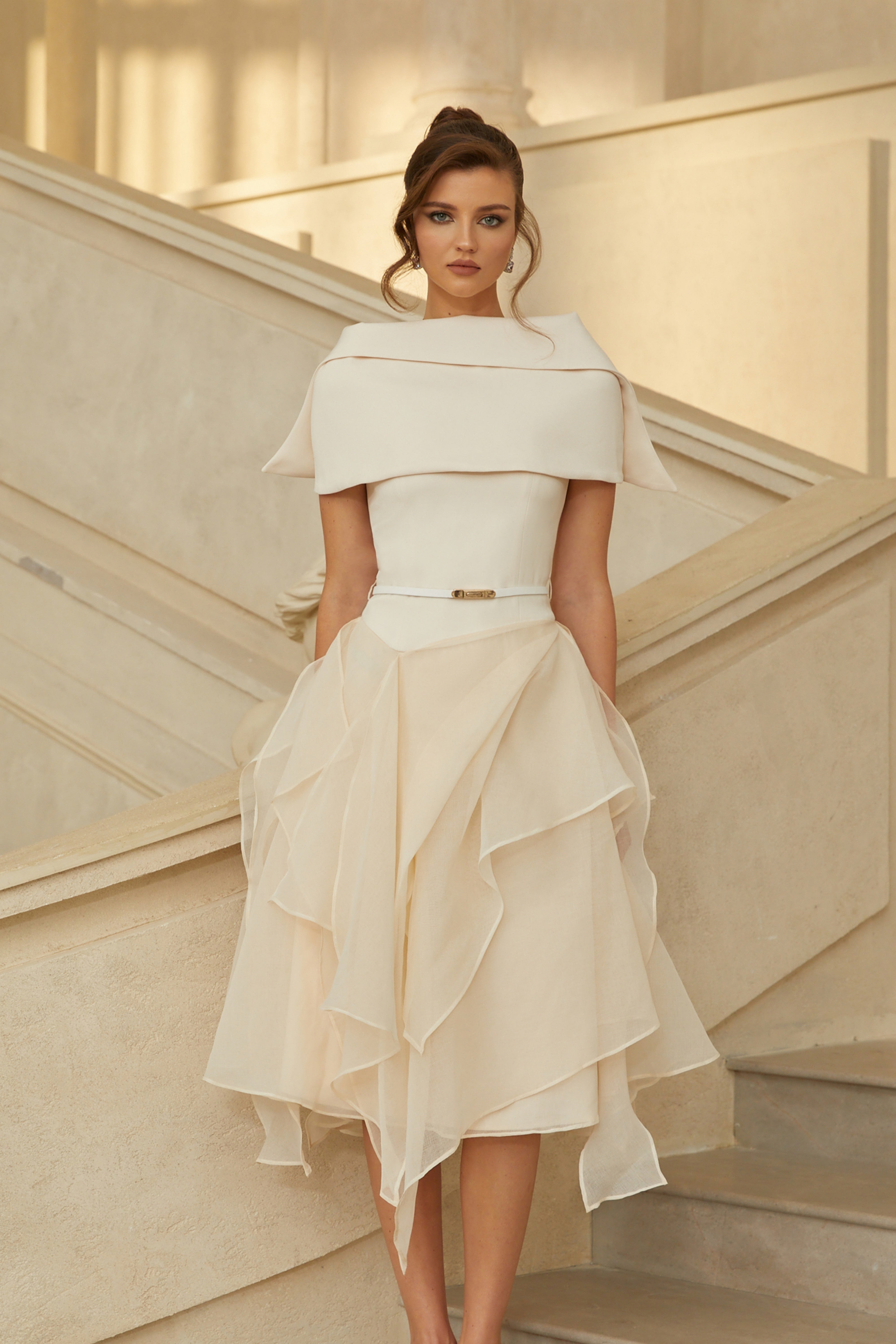 Aria White Asymmetrical Shawl & Tulle Panel Dress Set