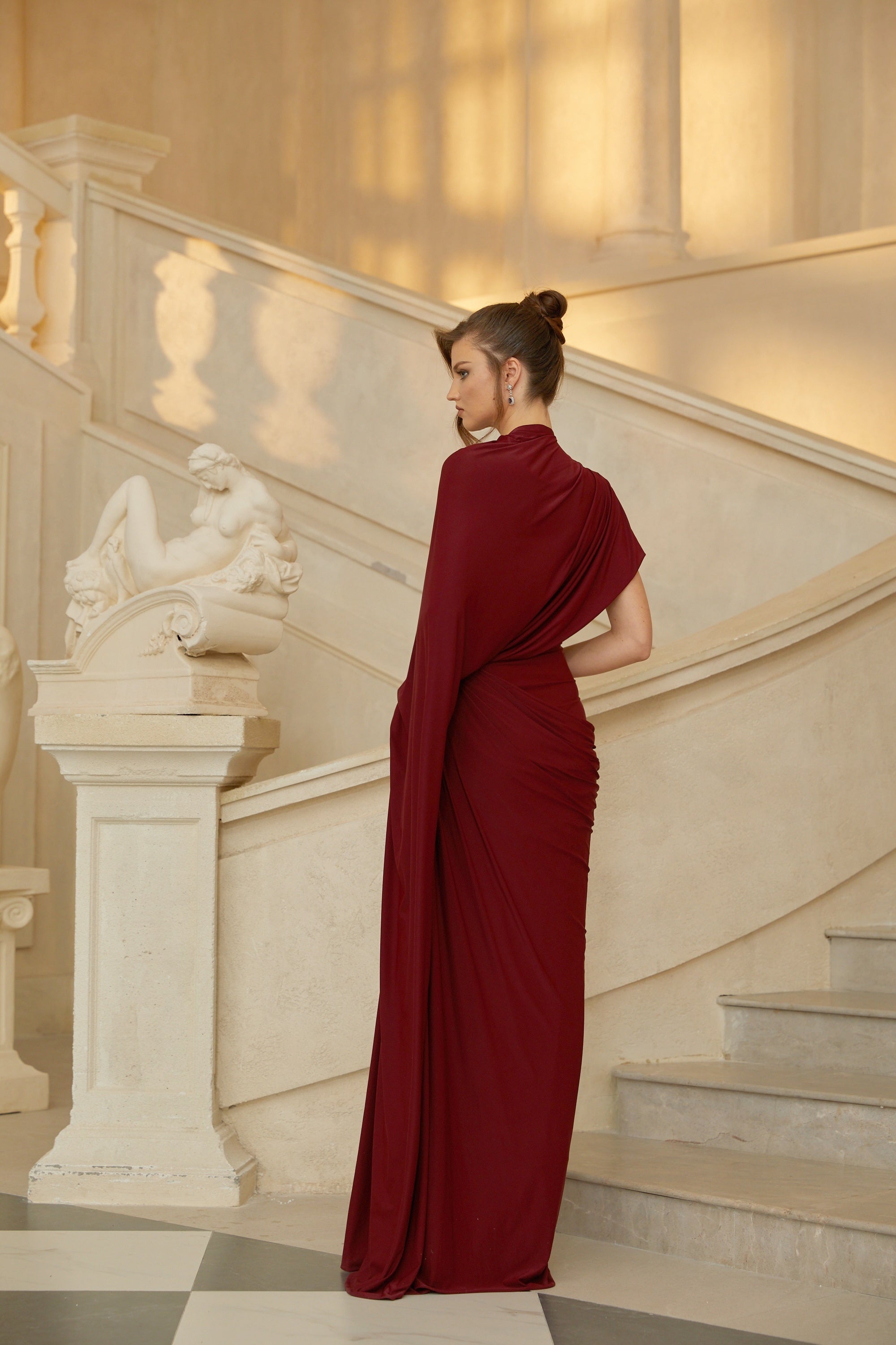 Fenella Red Asymmetrical Draped Cape & Dress Matching Set (Final Sale-US Only)