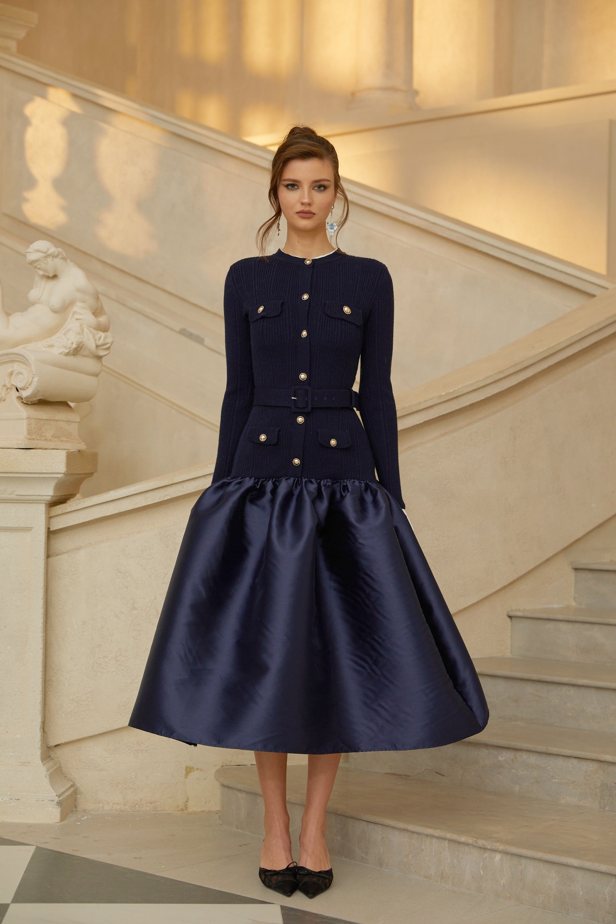 Fern Navy Blue Satin Panel Knit Midi Dress (Final Sale)