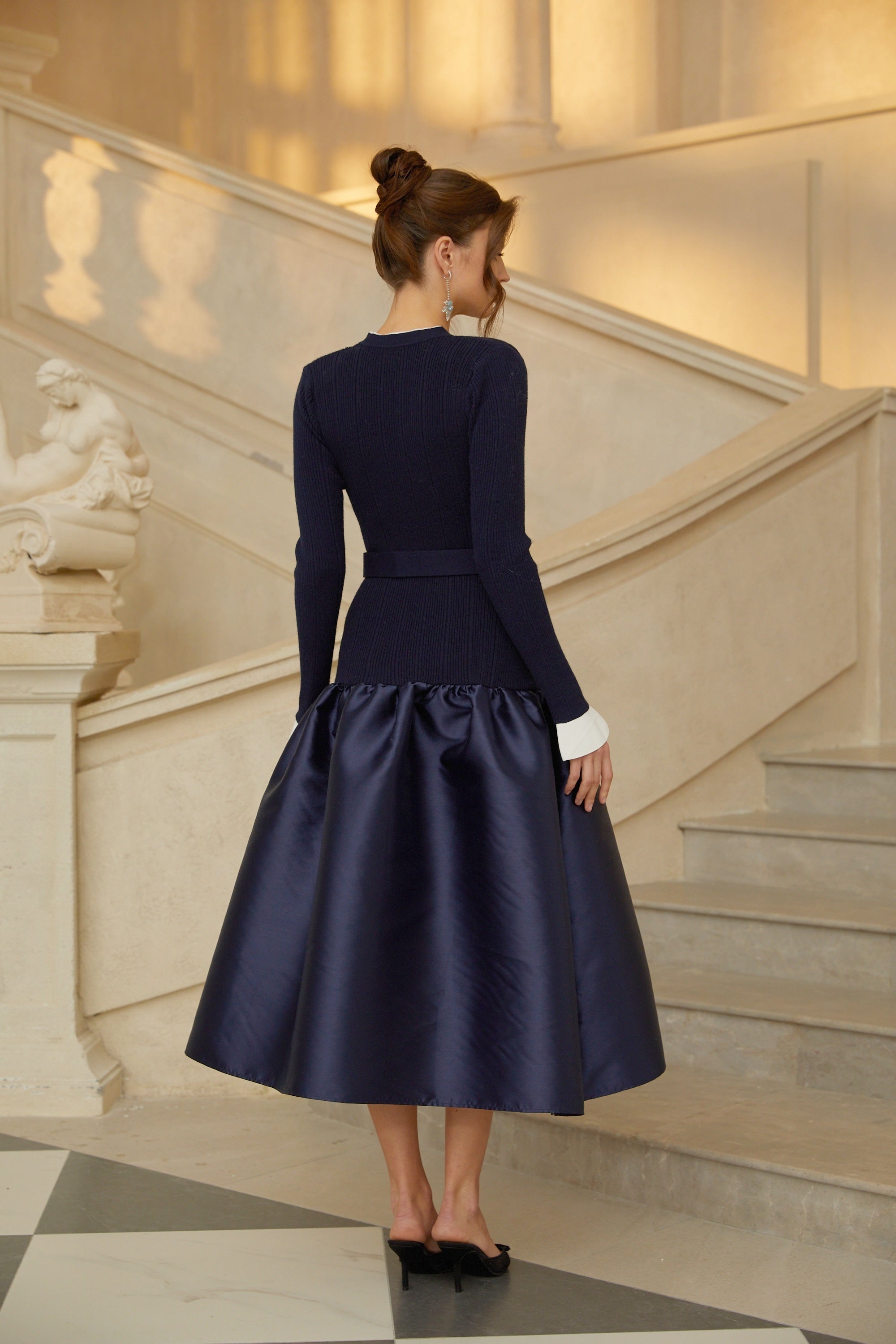 Fern Navy Blue Satin Panel Knit Midi Dress (Final Sale)