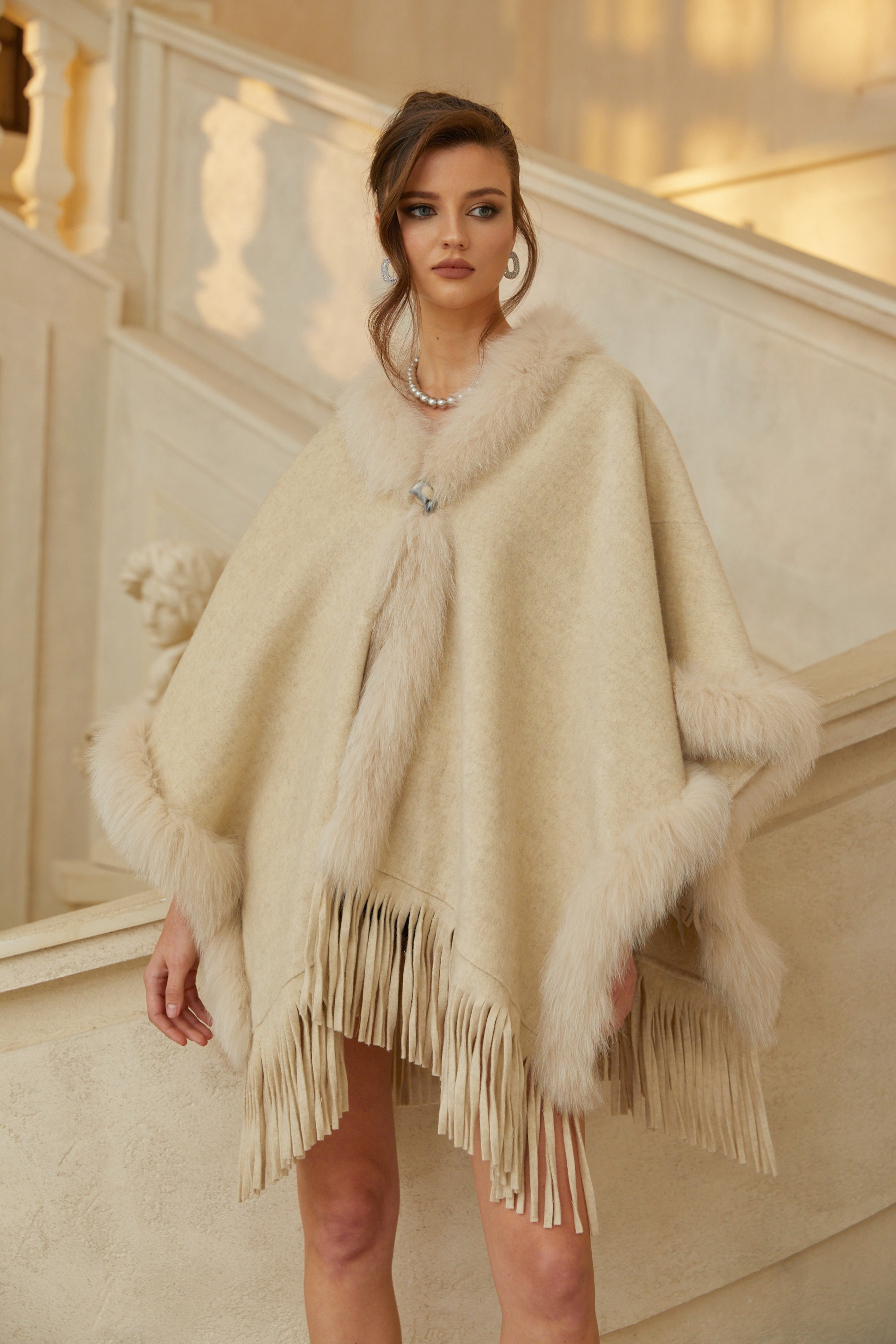 Renata Neutral Fur Trim Fringed Wool Cape