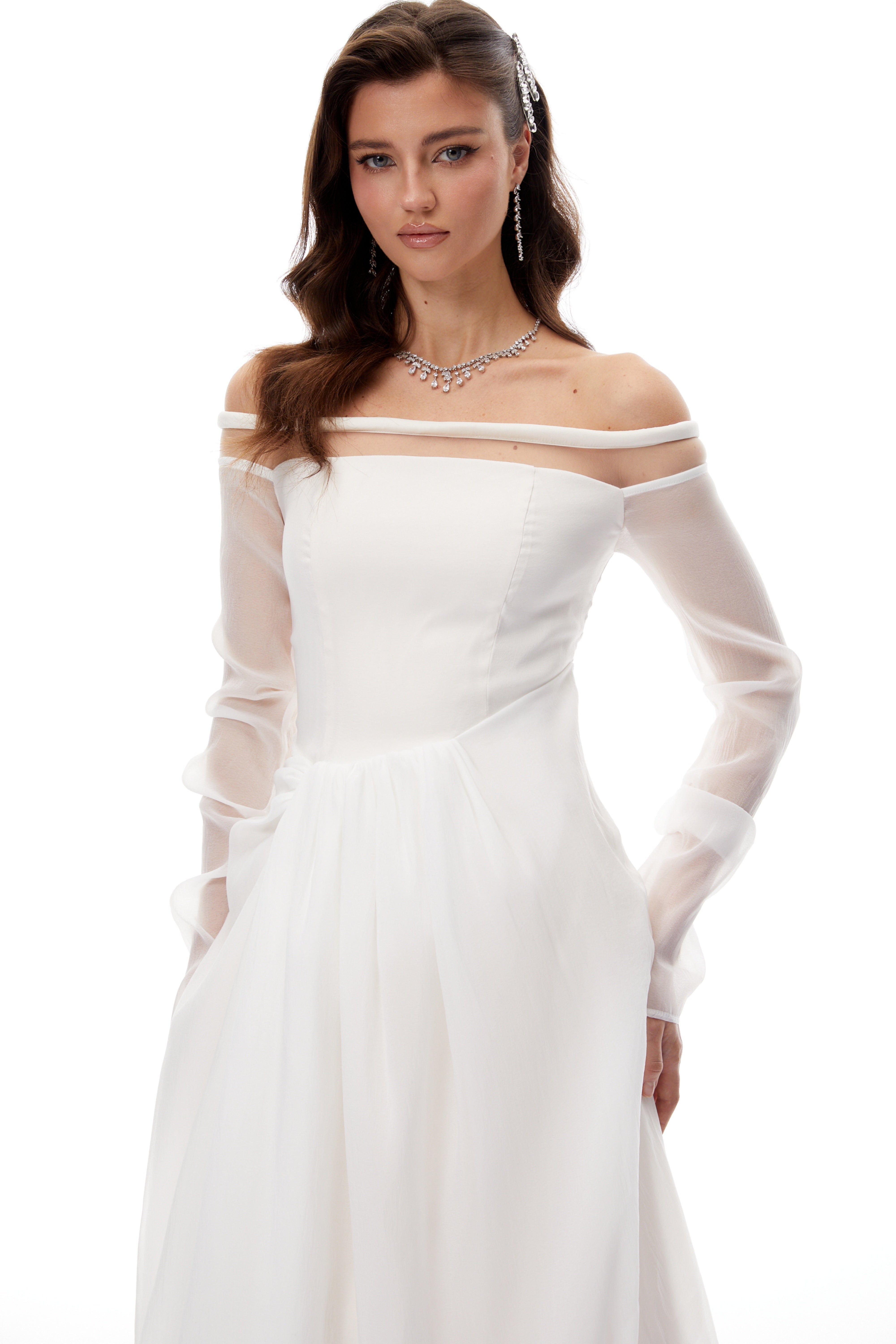 Gelsomina White Gathered Crepe Midi Dress