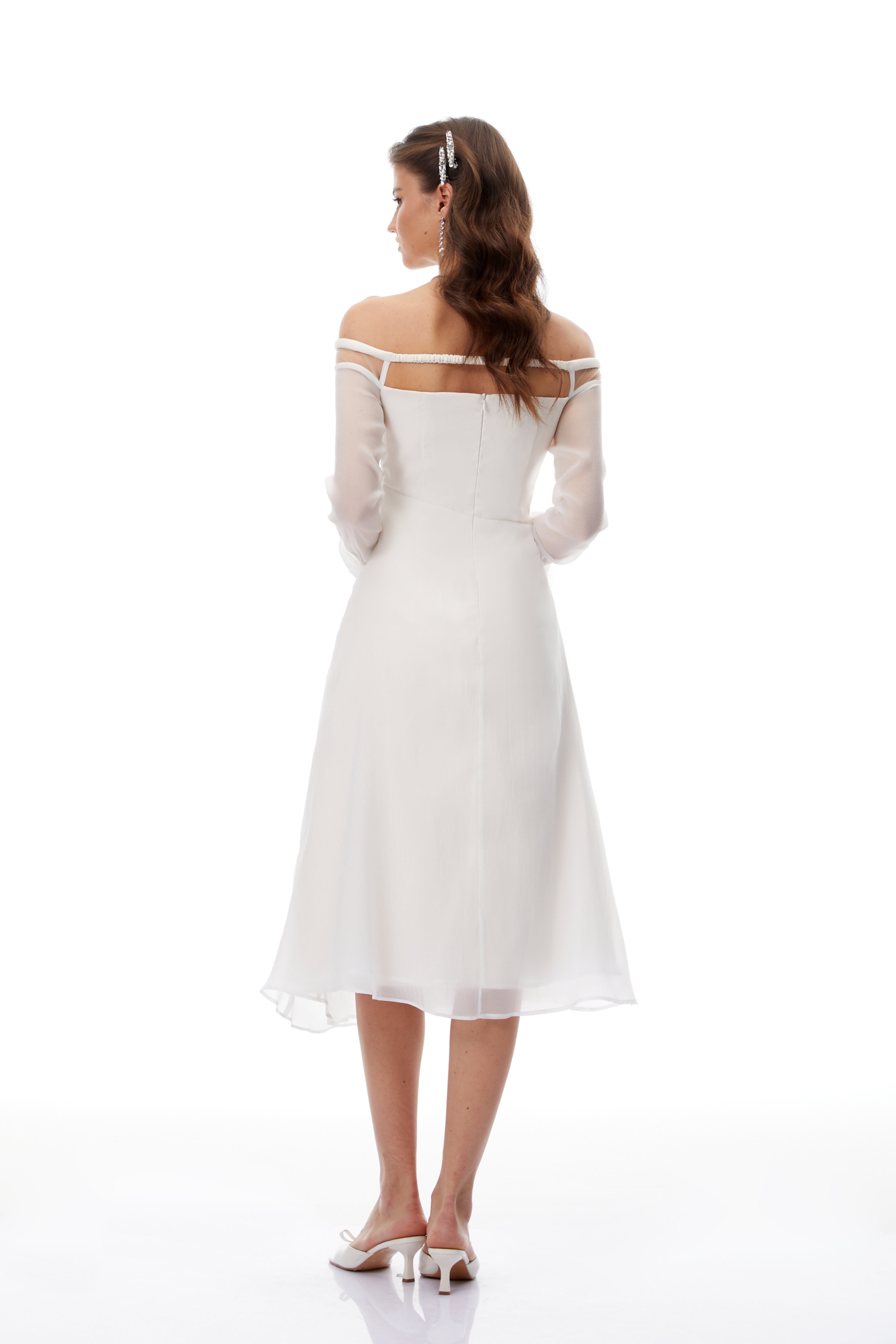 Gelsomina White Gathered Crepe Midi Dress