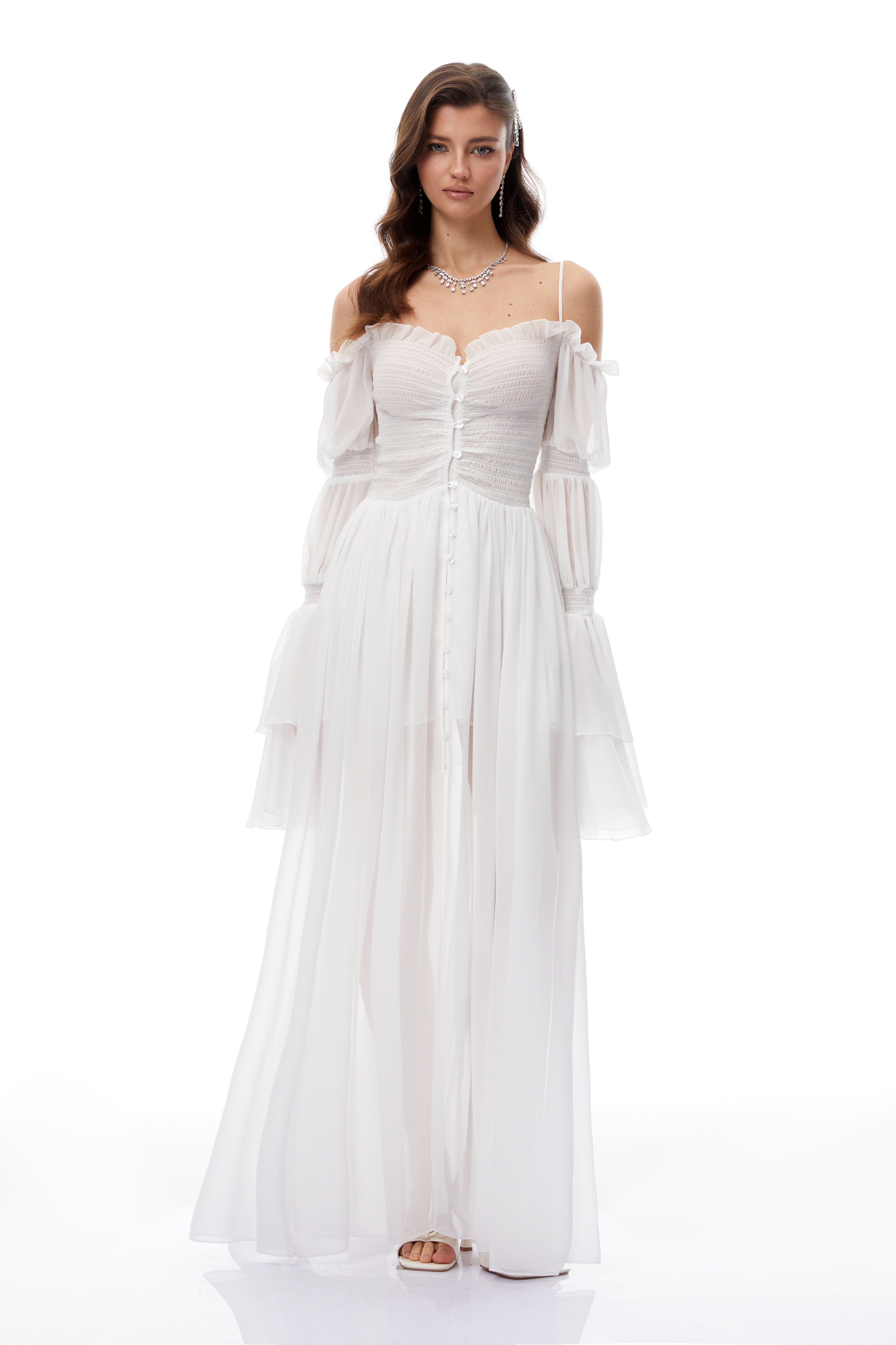 Stefania White Smocked Shirred Chiffon Maxi Dress