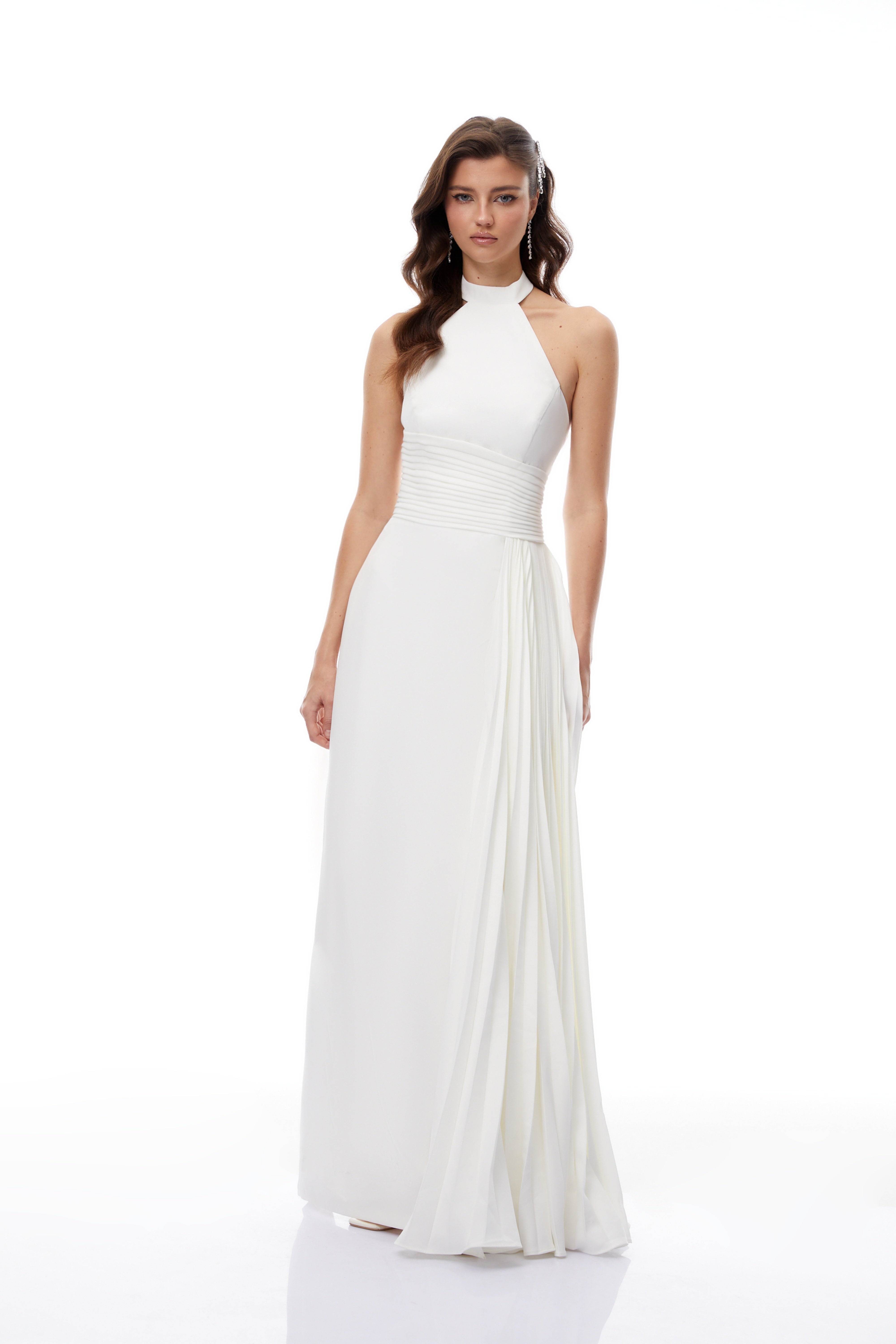 Lydia White Halterneck Asymmetrical Pleated Maxi Dress