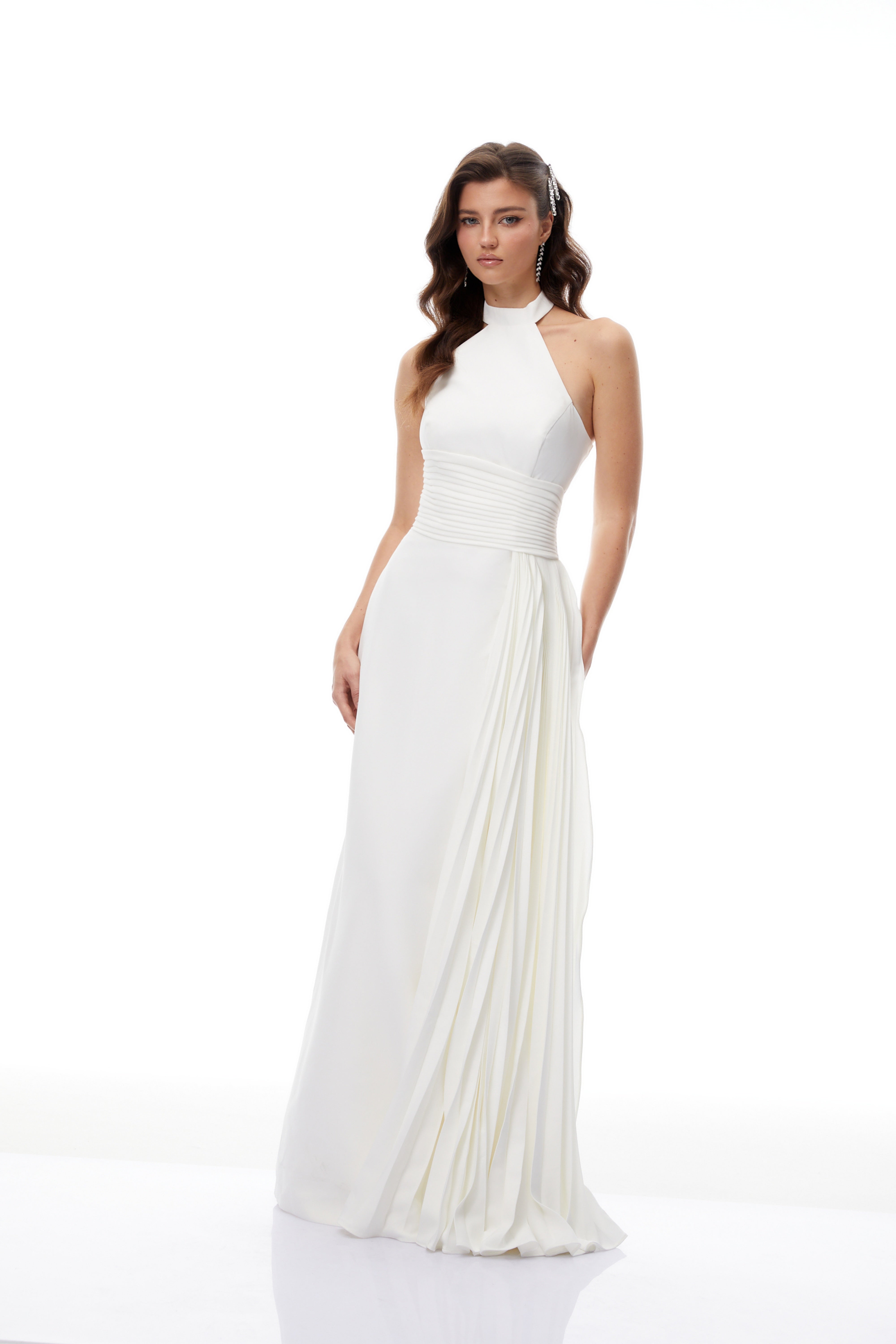 Lydia White Halterneck Asymmetrical Pleated Maxi Dress