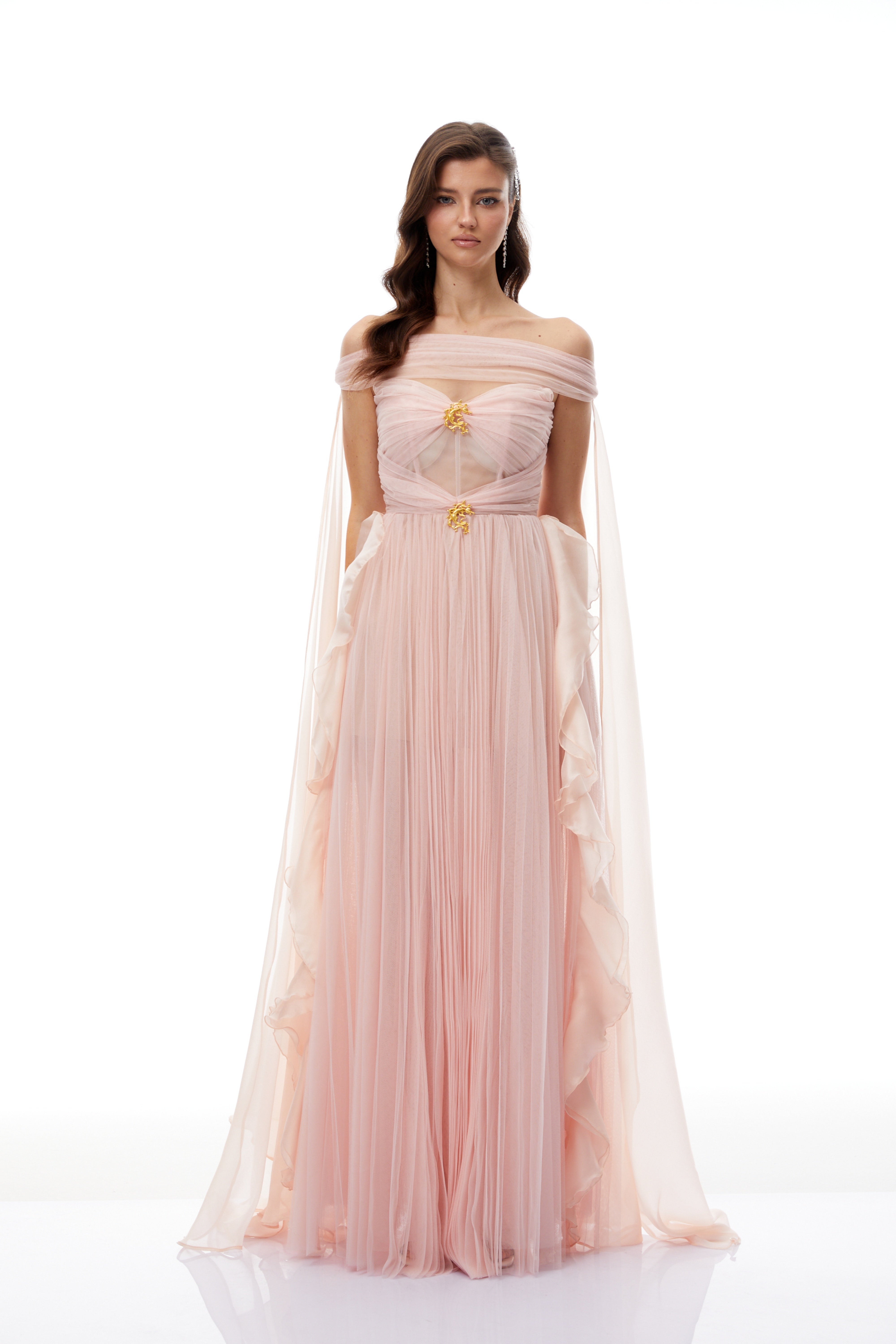 Emil Pink Ribbon Detail Pleated Tulle Maxi Dress
