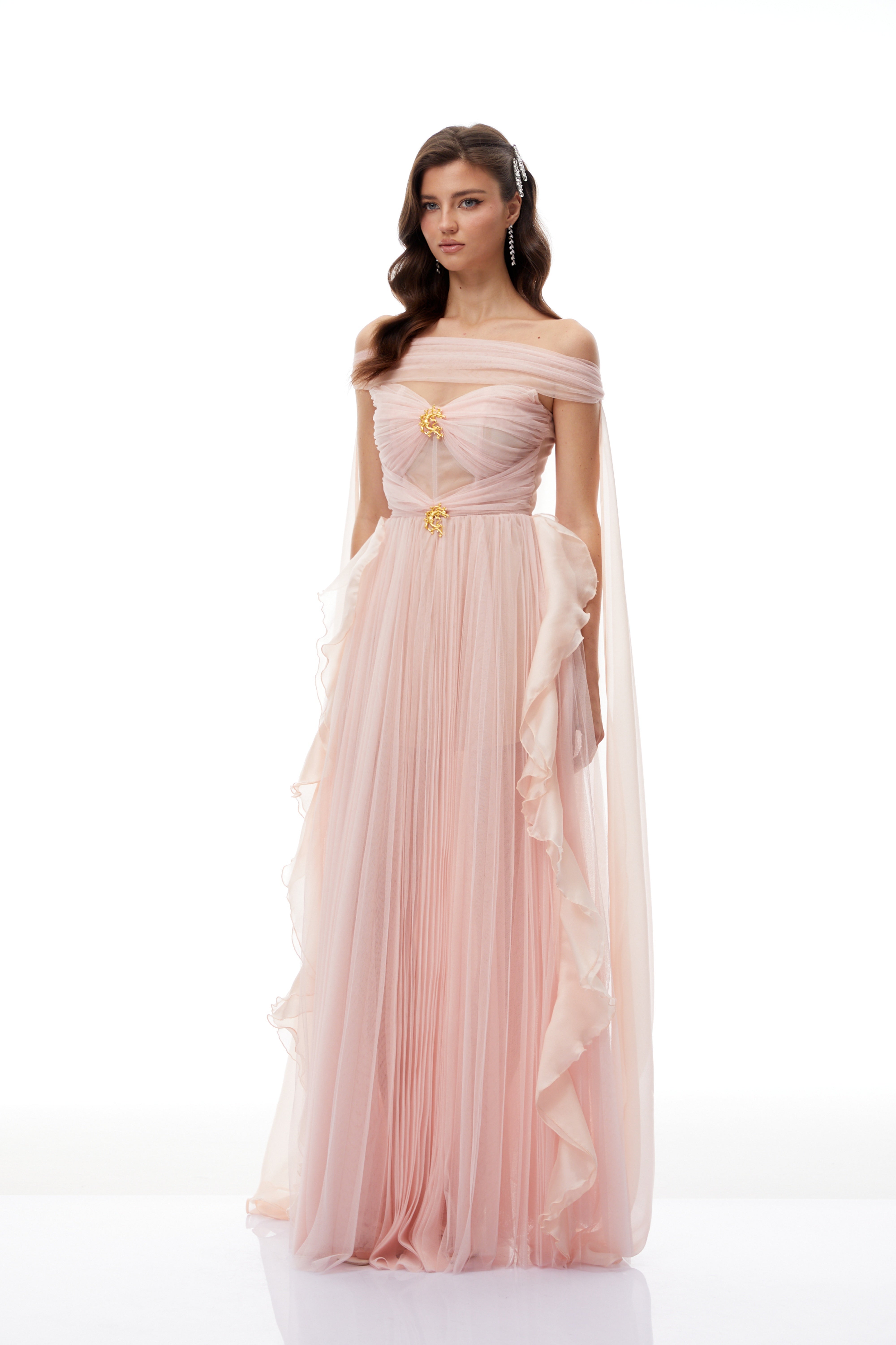 Emil Pink Ribbon Detail Pleated Tulle Maxi Dress