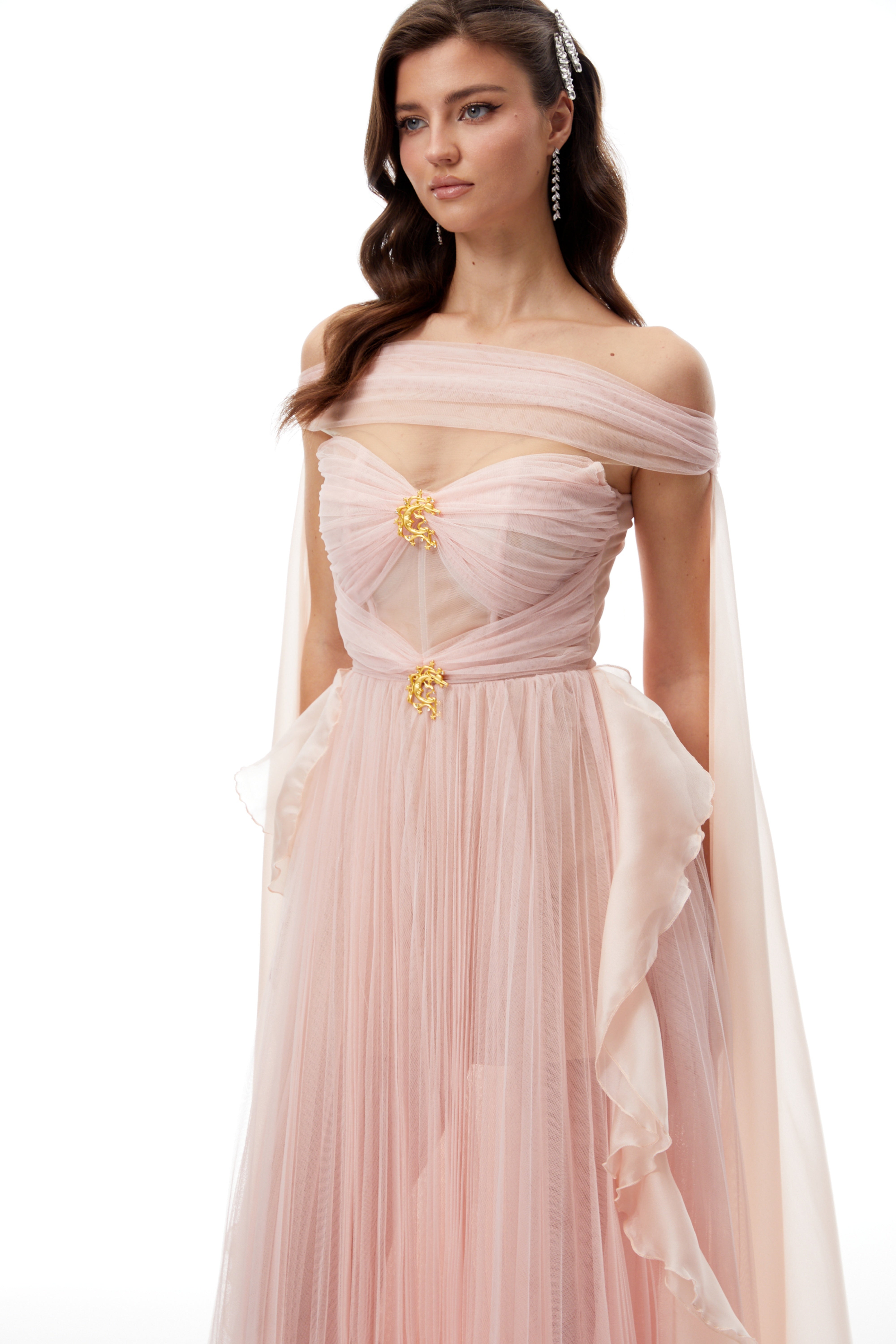 Emil Pink Ribbon Detail Pleated Tulle Maxi Dress