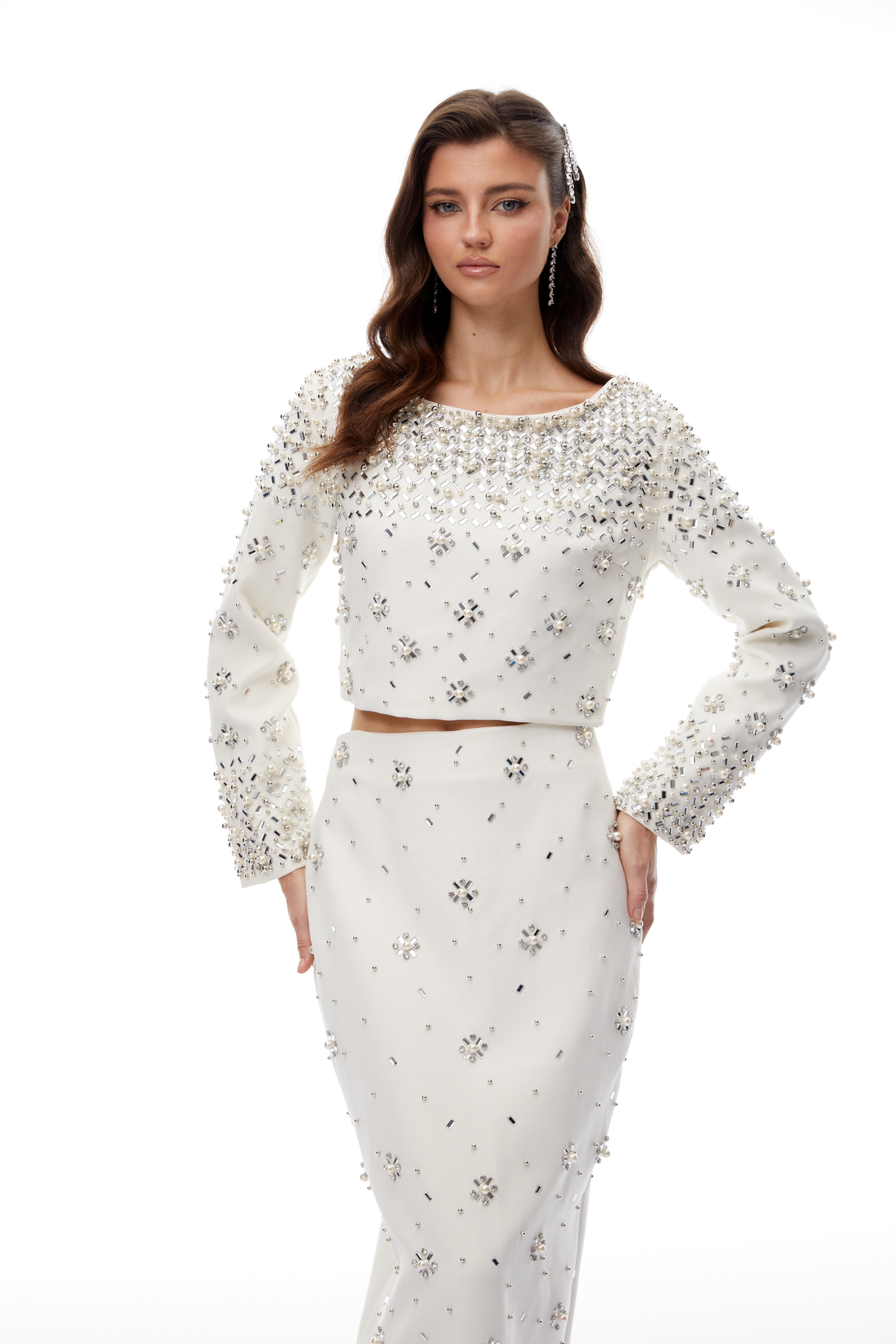 Denise White Fully Embellished Blouse & Skirt Set