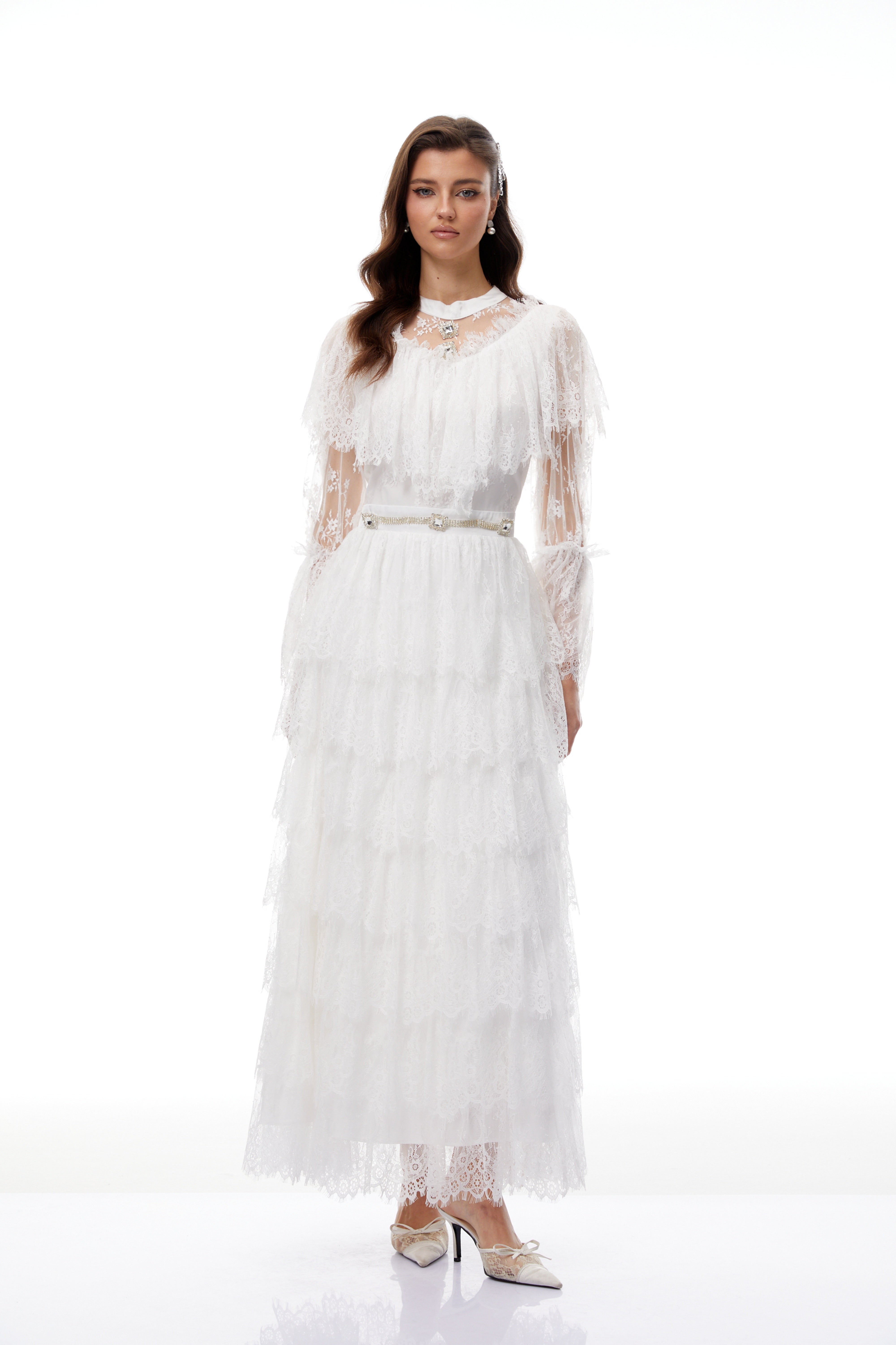 Quincy White Floral Lace Tiered Maxi Dress