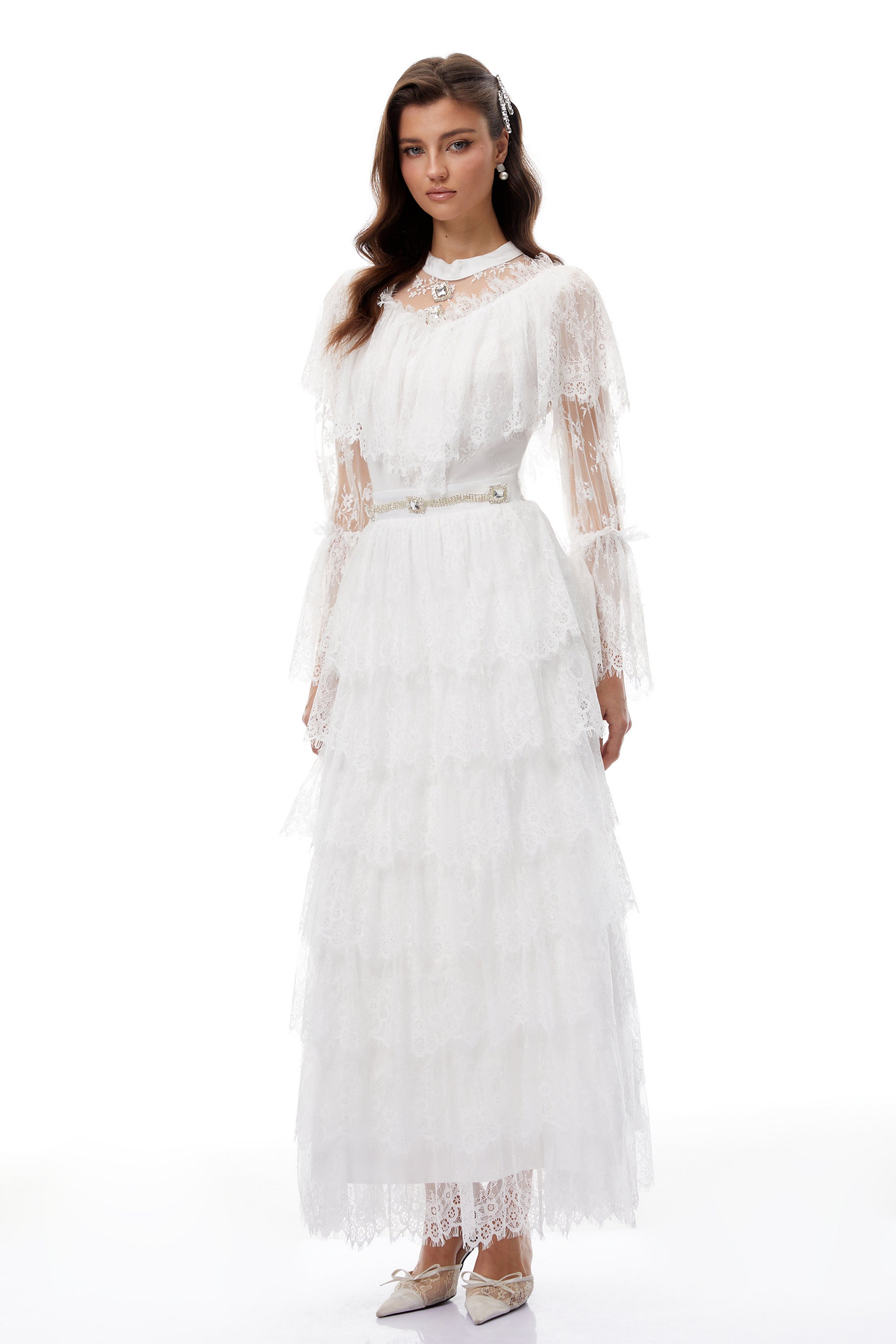 Quincy White Floral Lace Tiered Maxi Dress