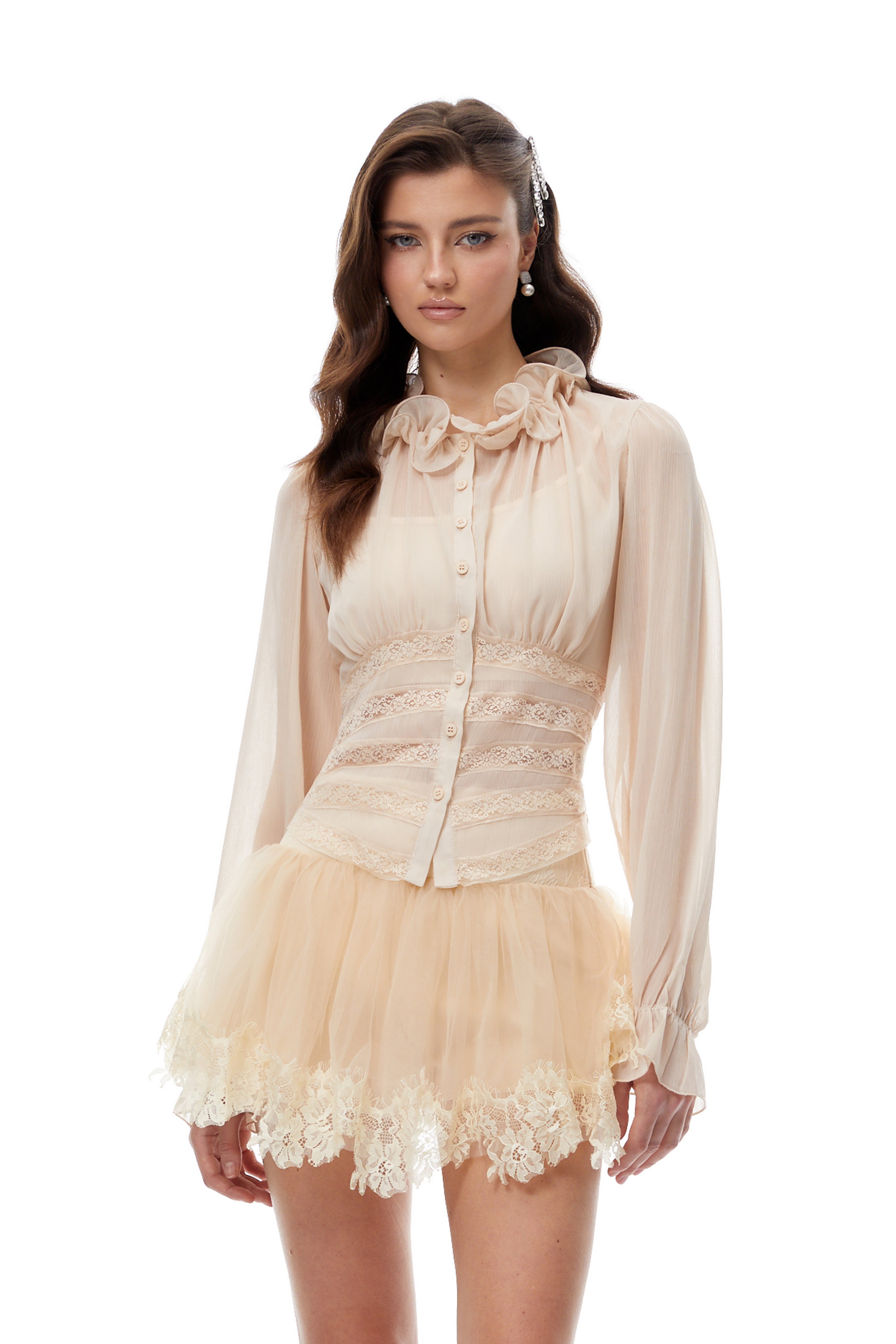 Erin Neutral Lace Panel Blouse & Skirt Set (Final Sale)