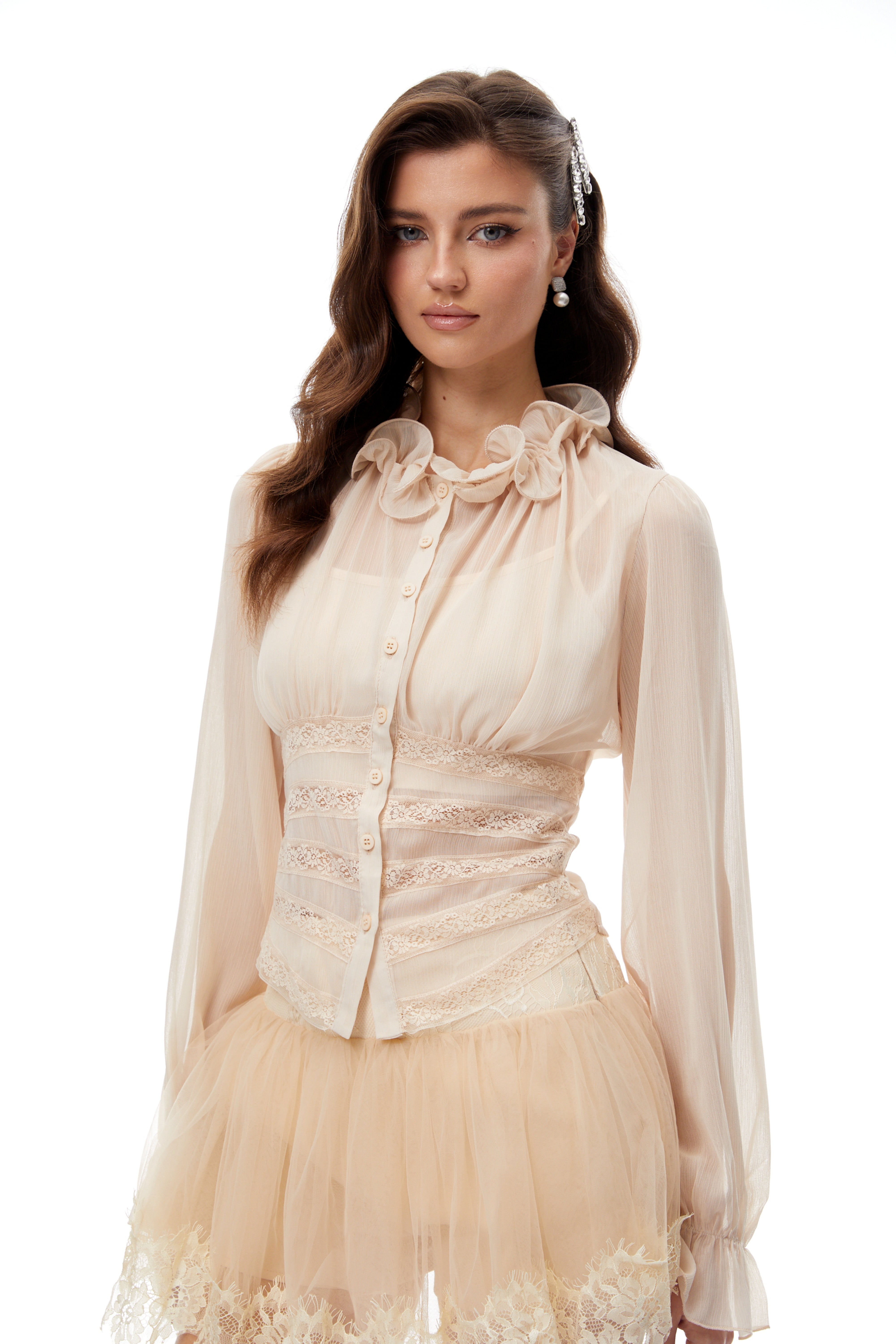 Erin Neutral Lace Panel Blouse & Skirt Set