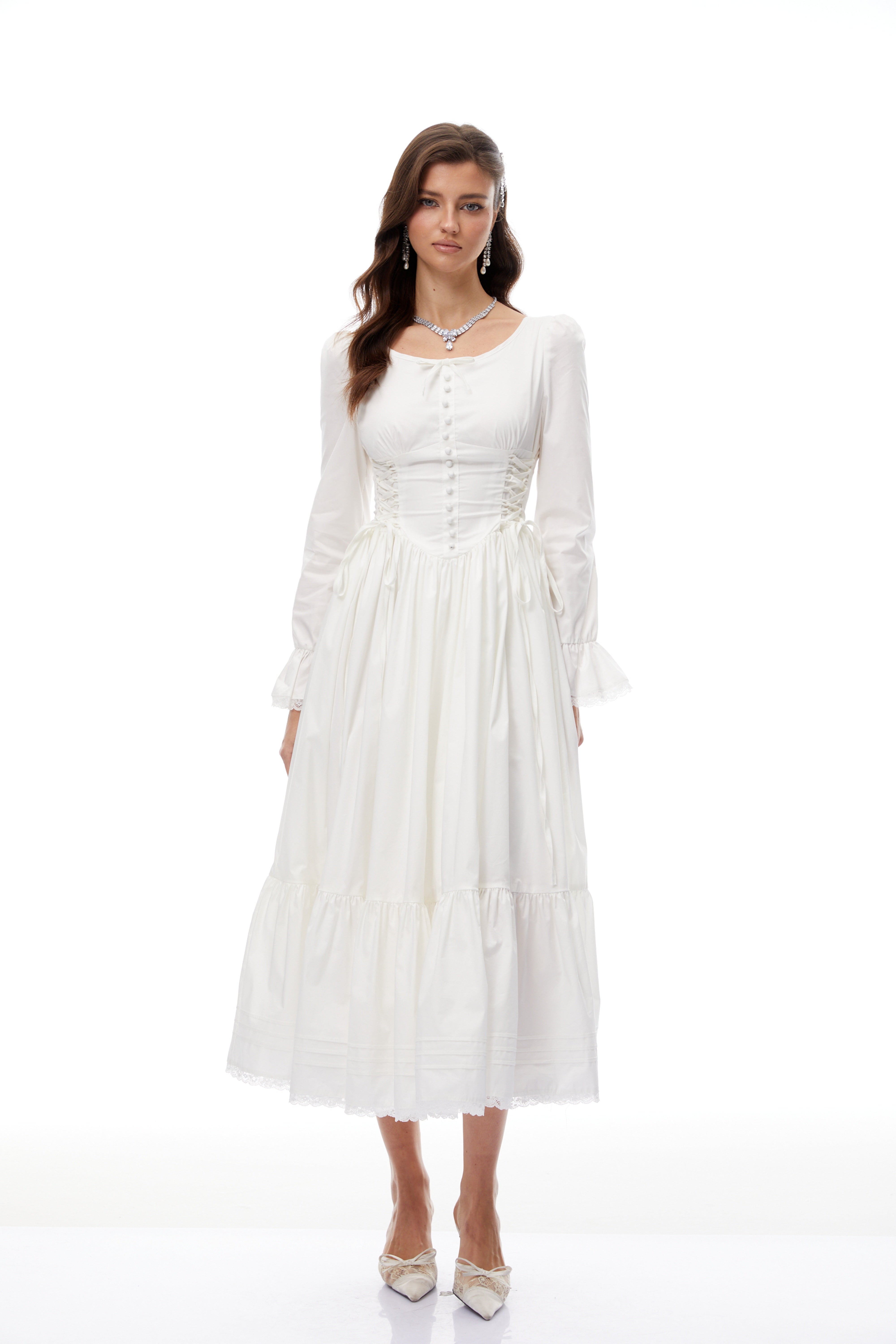 Brandy White Lace Up Shirred Midi Dress