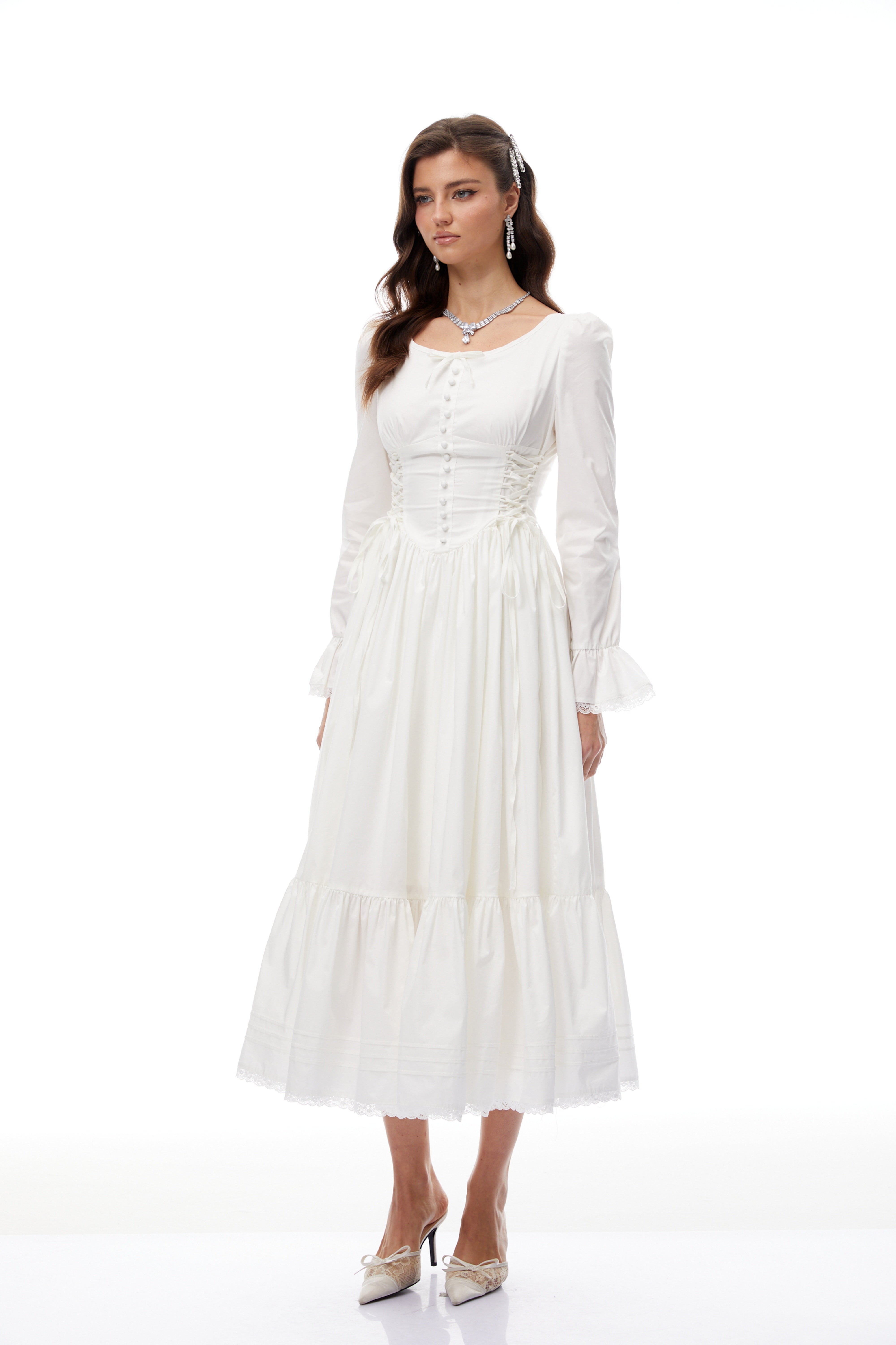 Brandy White Lace Up Shirred Midi Dress