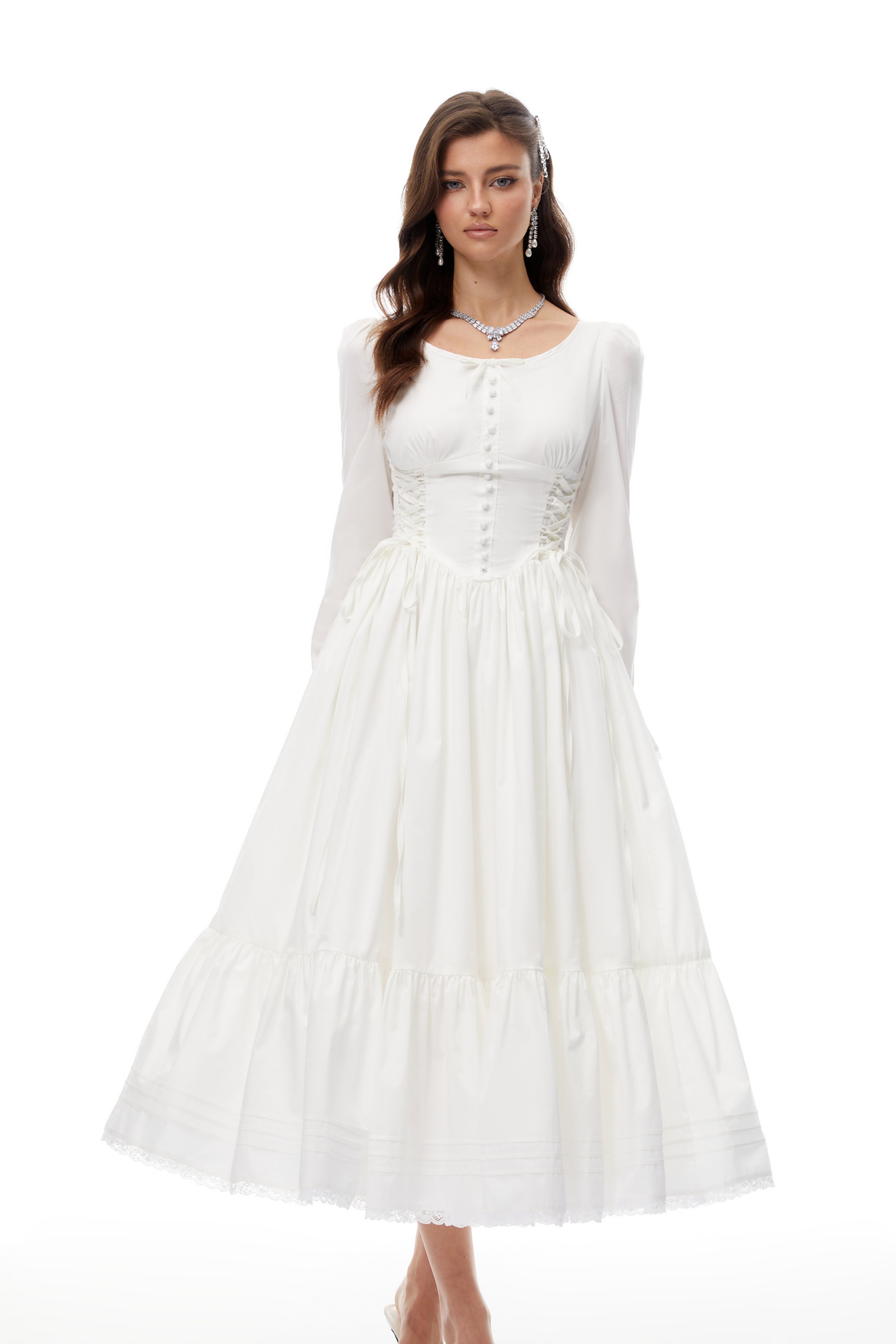 Brandy White Lace Up Shirred Midi Dress (Final Sale)