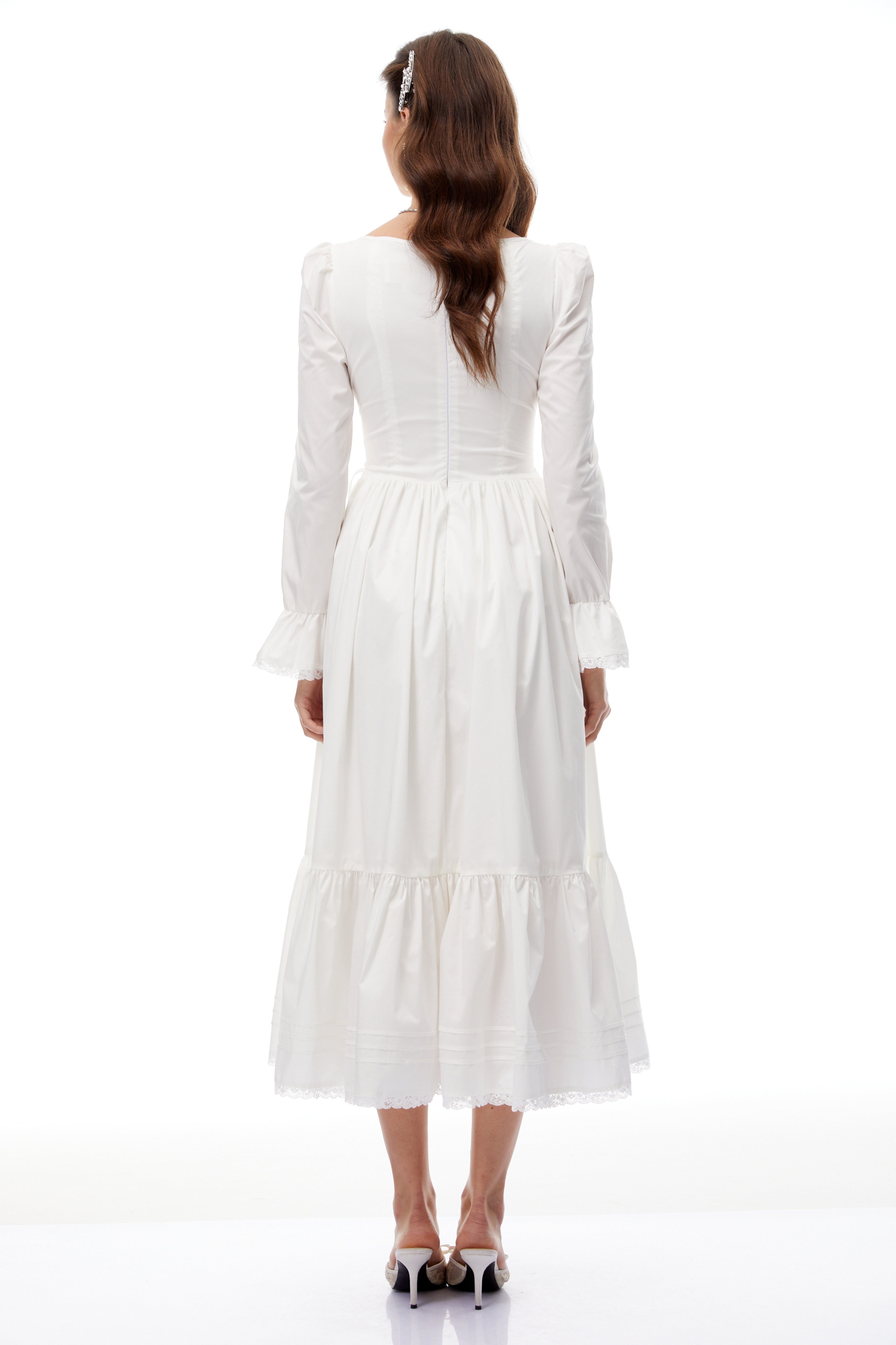Brandy White Lace Up Shirred Midi Dress
