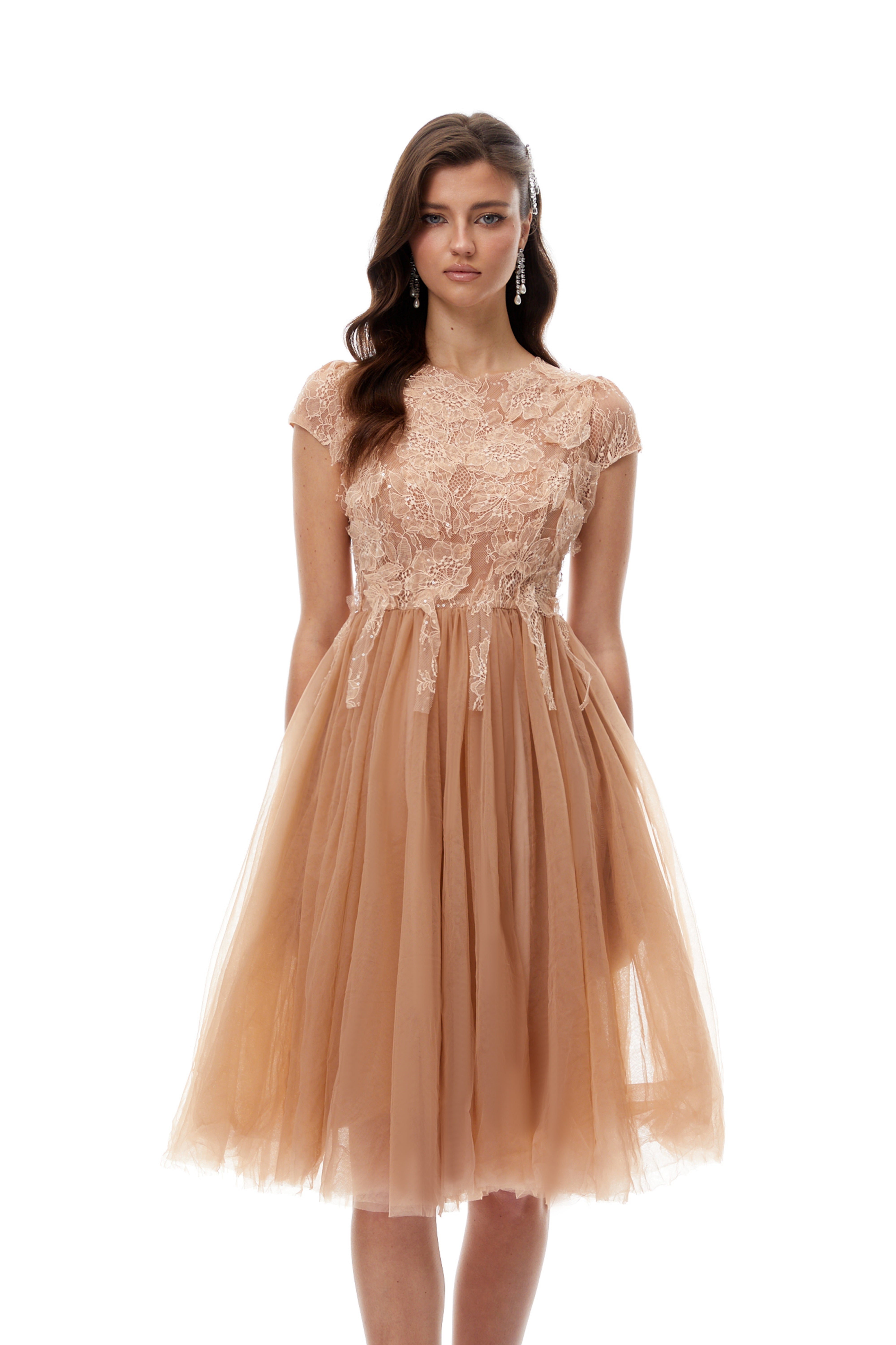 Fern Brown Lace Panel Tulle Midi Dress