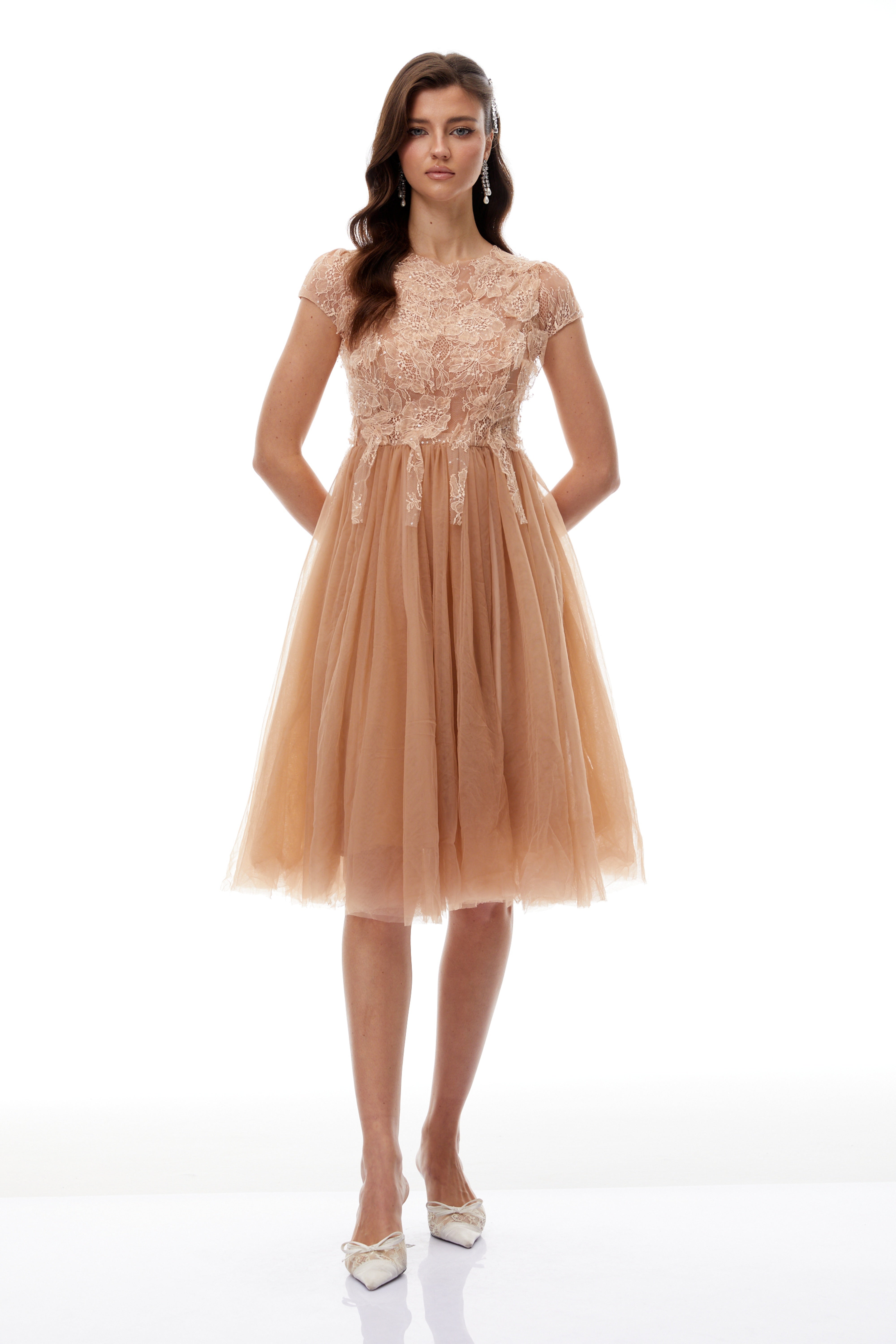 Fern Brown Lace Panel Tulle Midi Dress