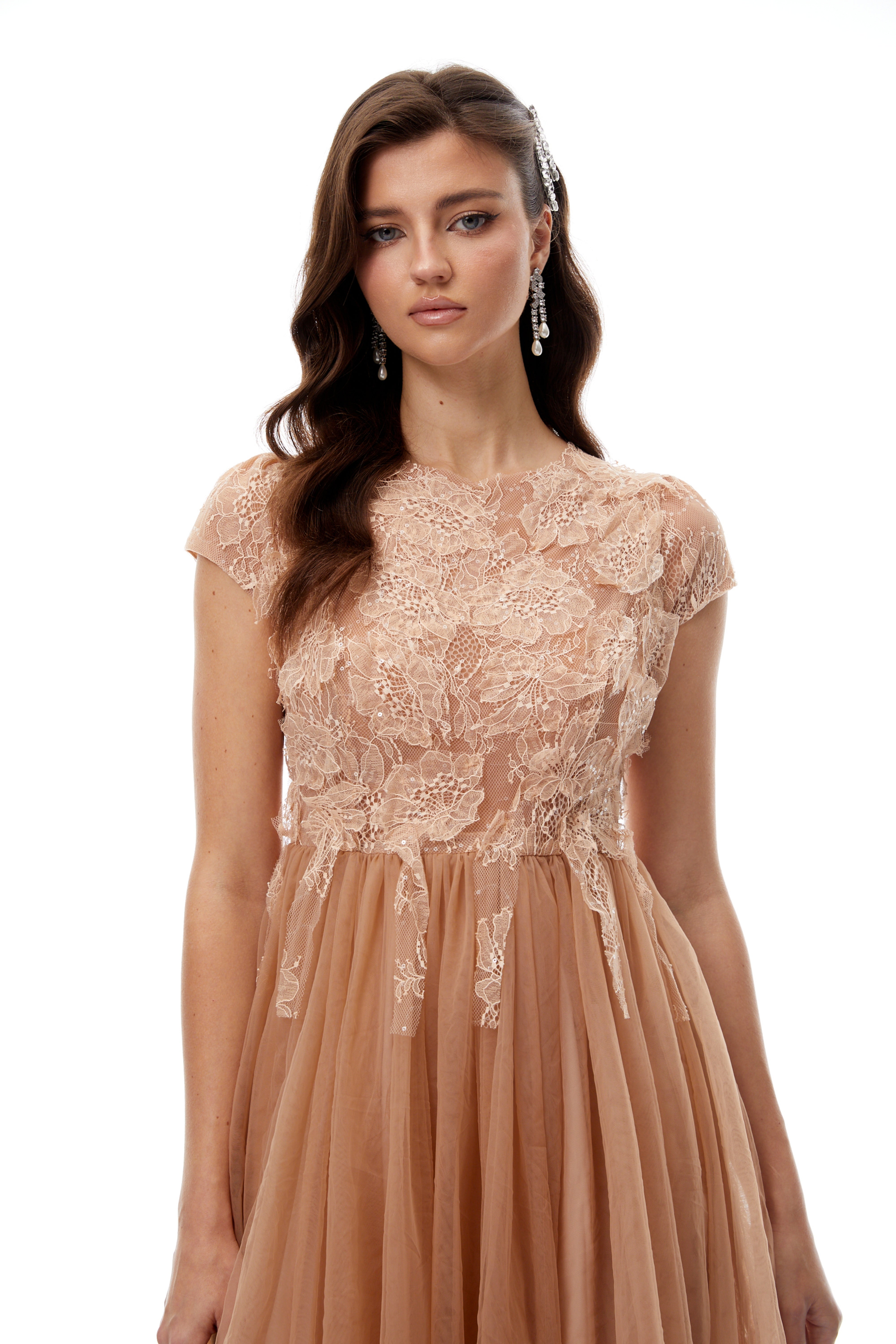 Fern Brown Lace Panel Tulle Midi Dress