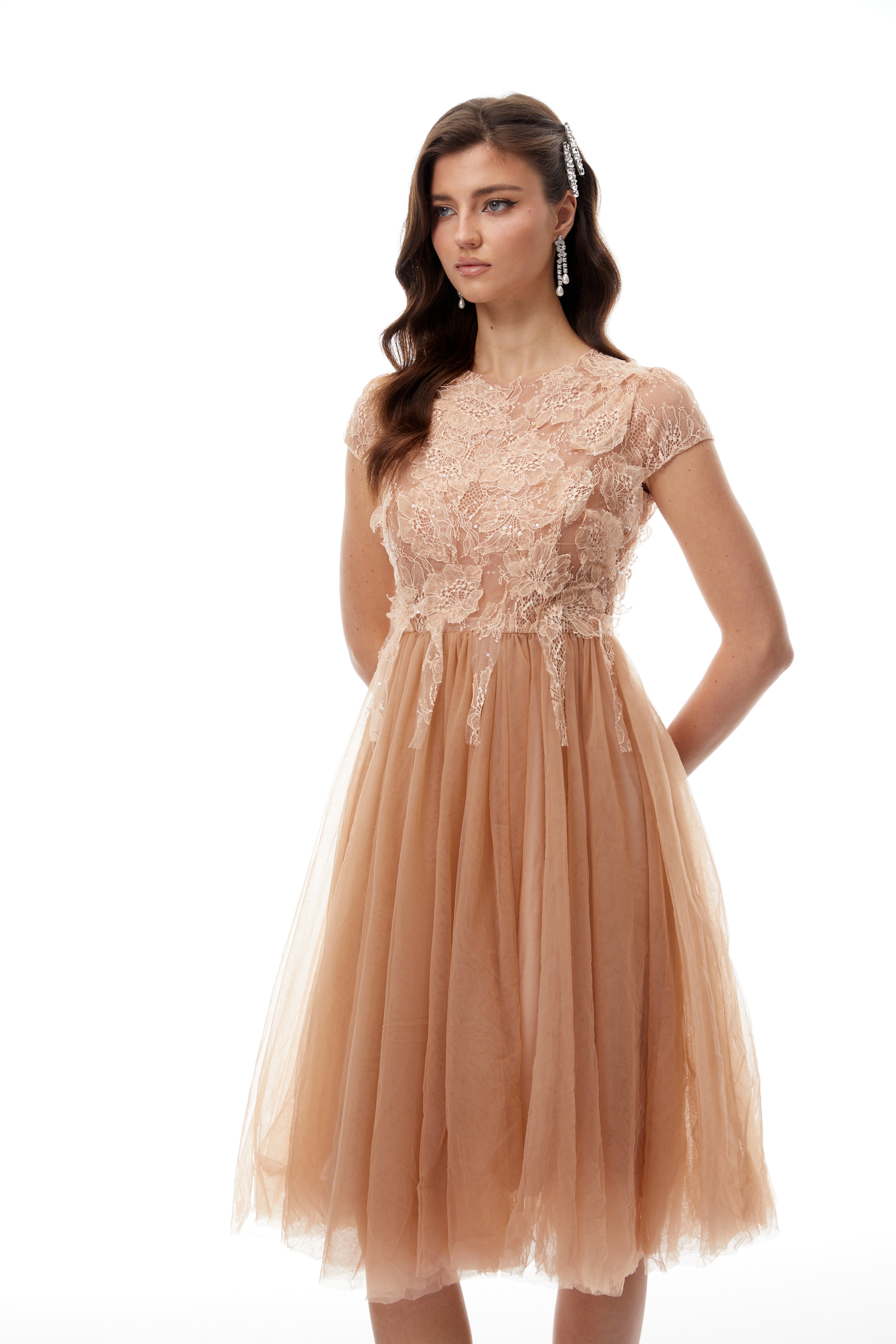 Fern Brown Lace Panel Tulle Midi Dress