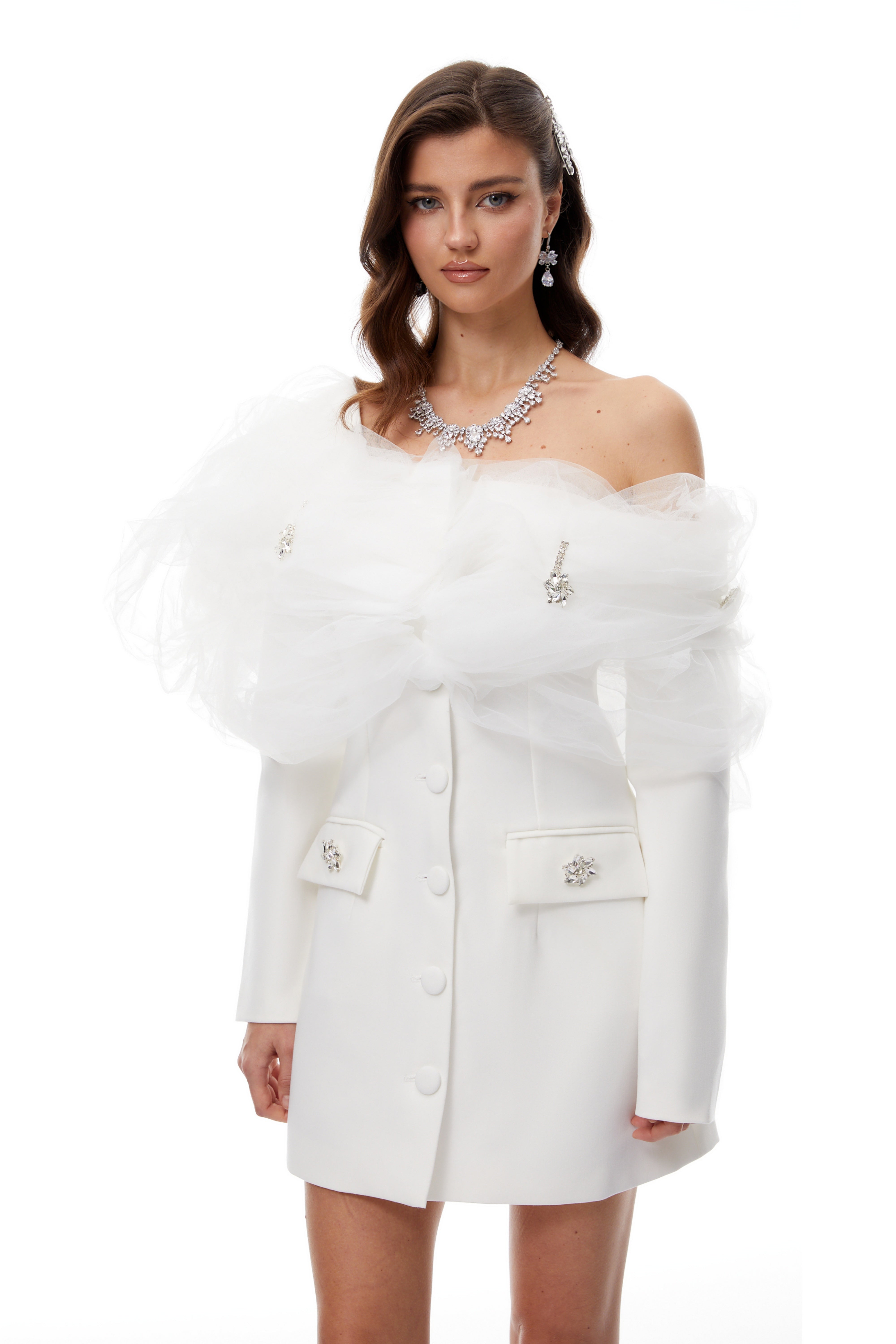 Eunice White Tulle Panel Mini Blazer Dress