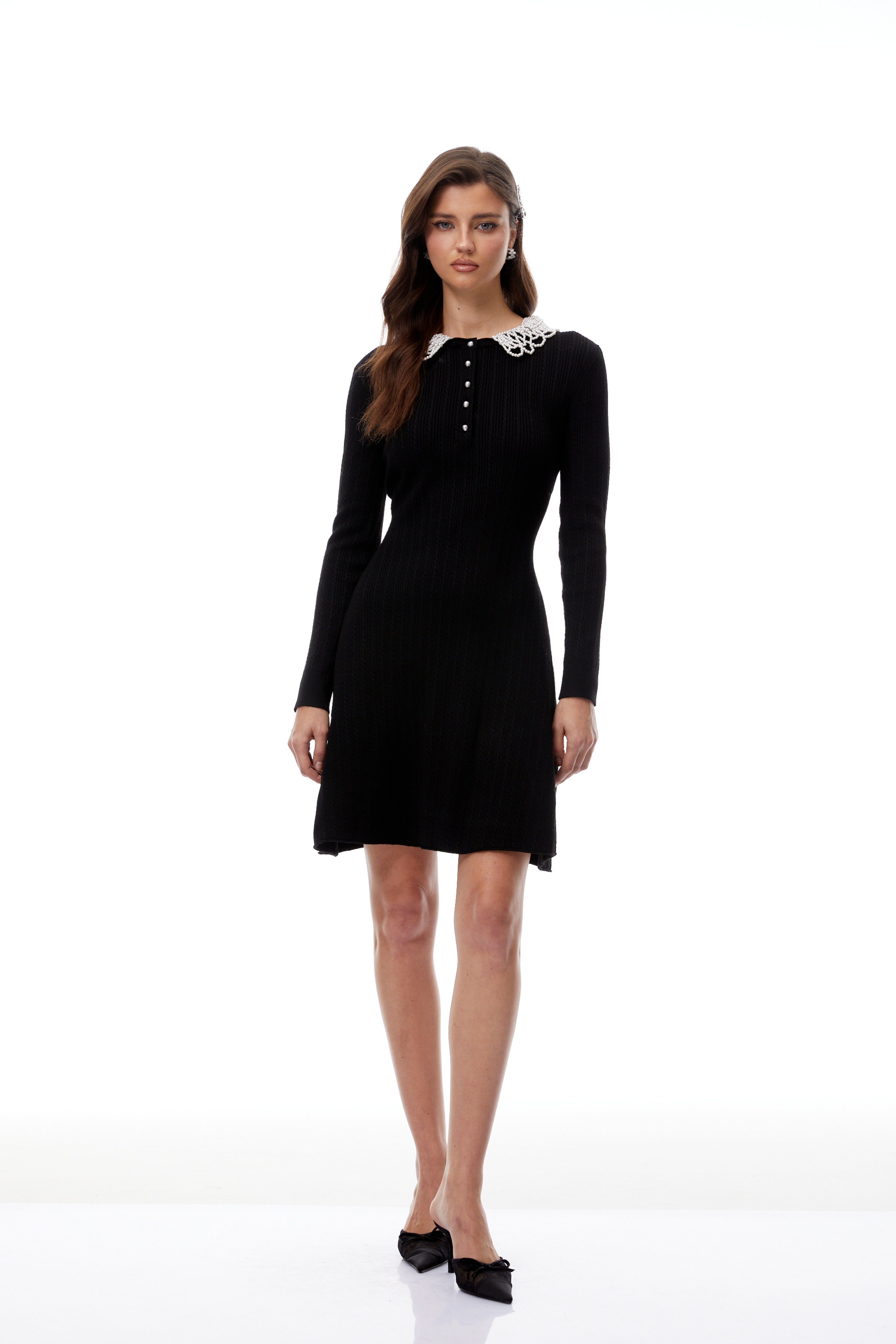 Lucia Black Pearl Trim Knit Mini Dress