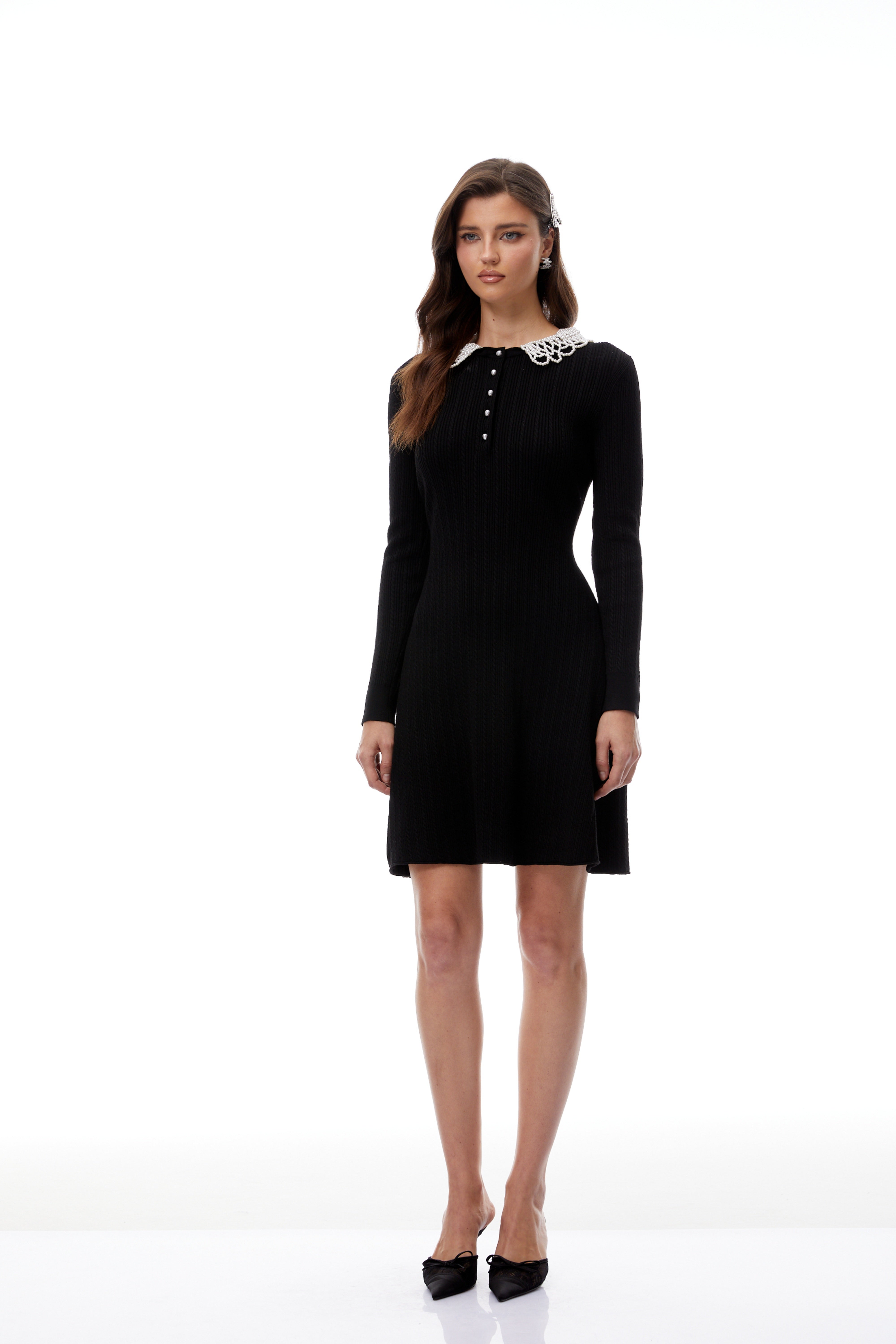 Lucia Black Pearl Trim Knit Mini Dress