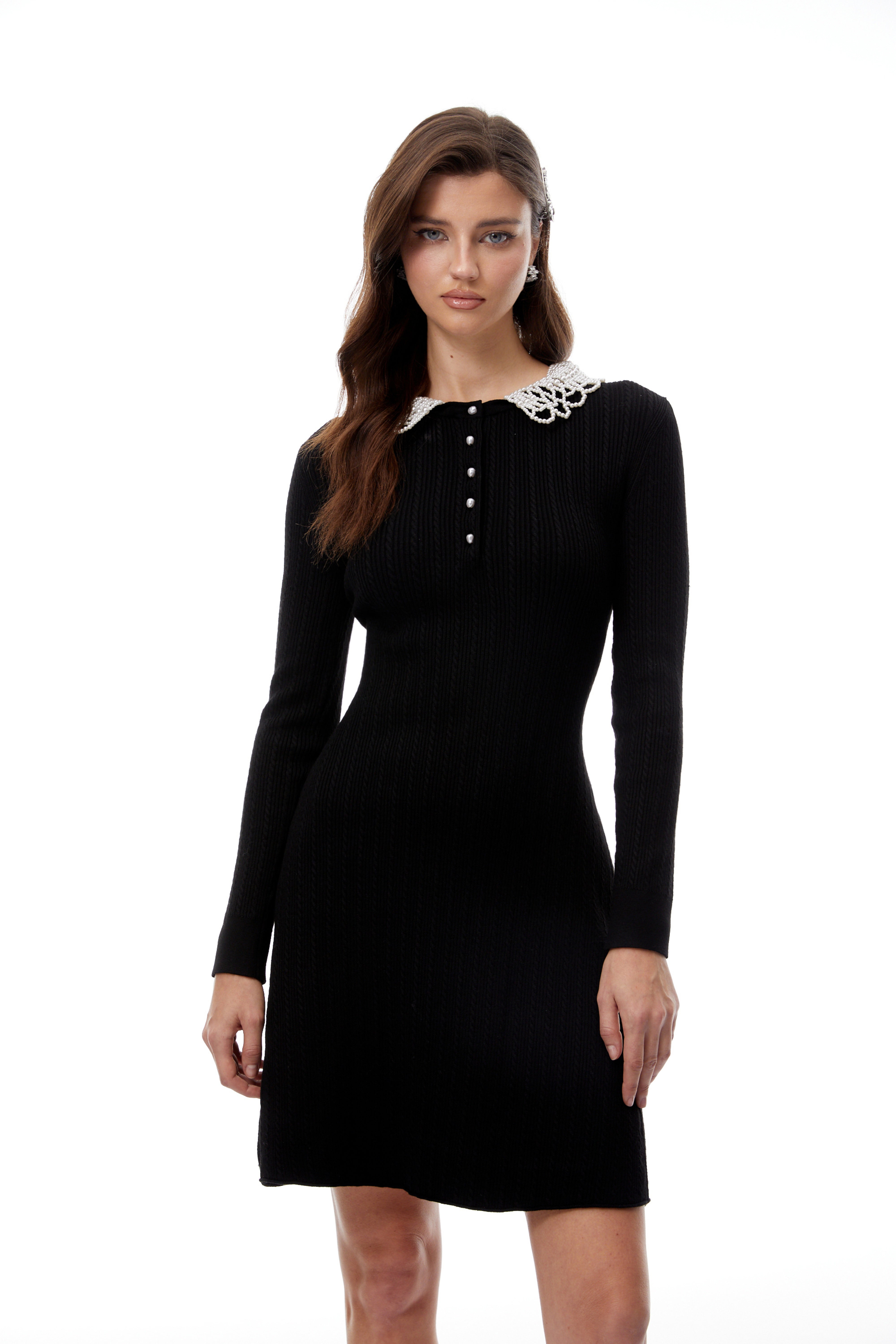 Lucia Black Pearl Trim Knit Mini Dress