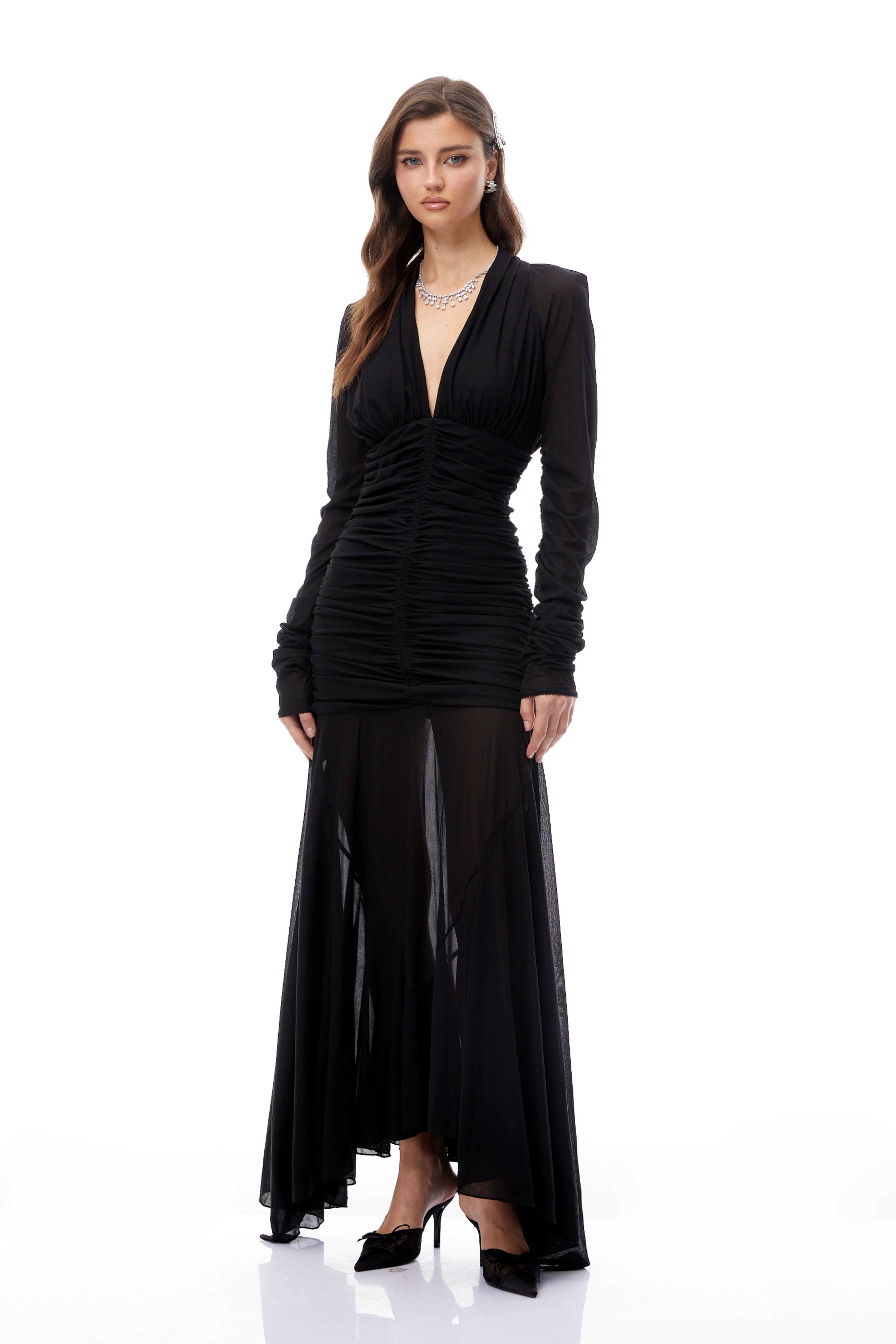 Greta Black Ruched Sheer Mesh Maxi Dress