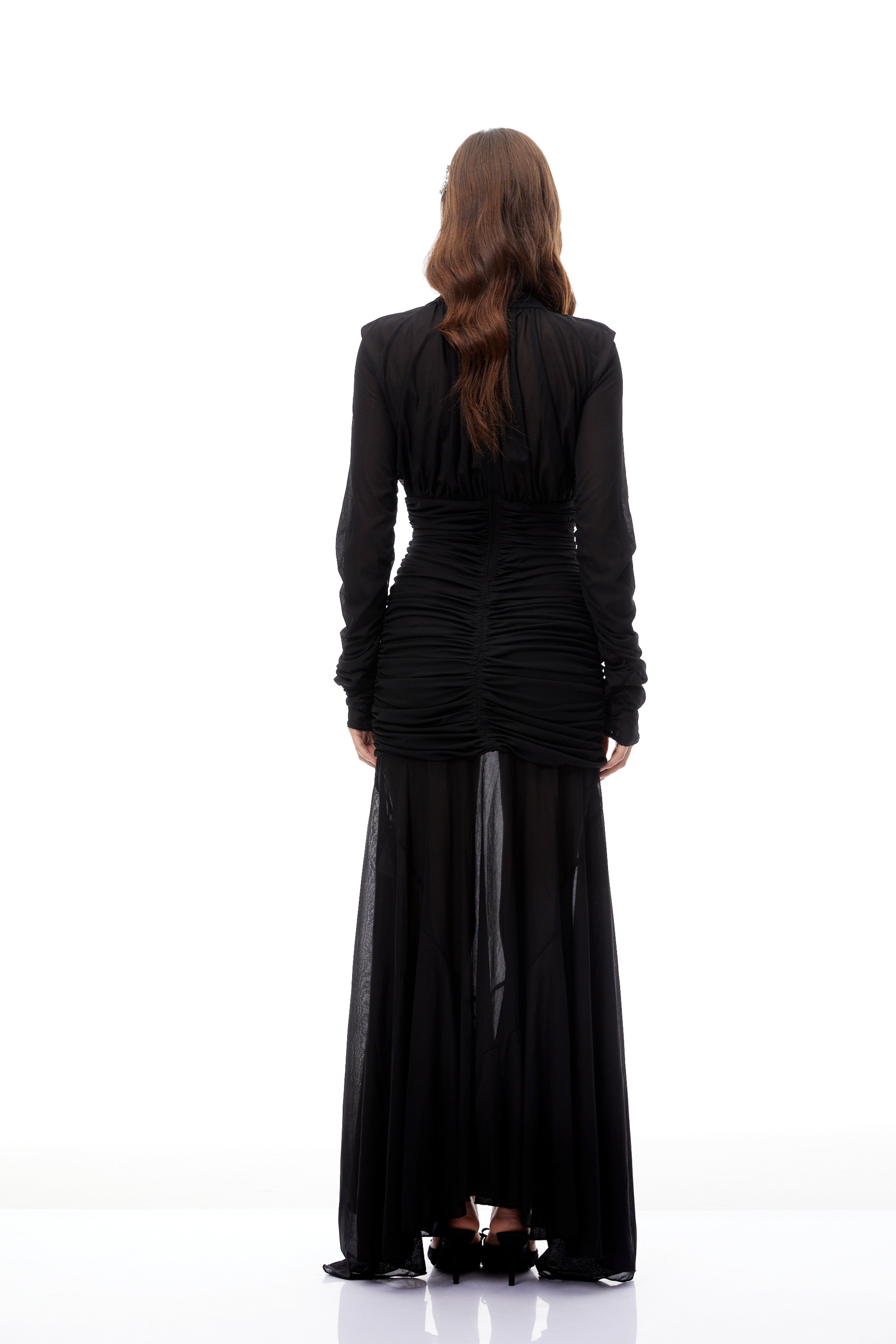 Greta Black Ruched Sheer Mesh Maxi Dress