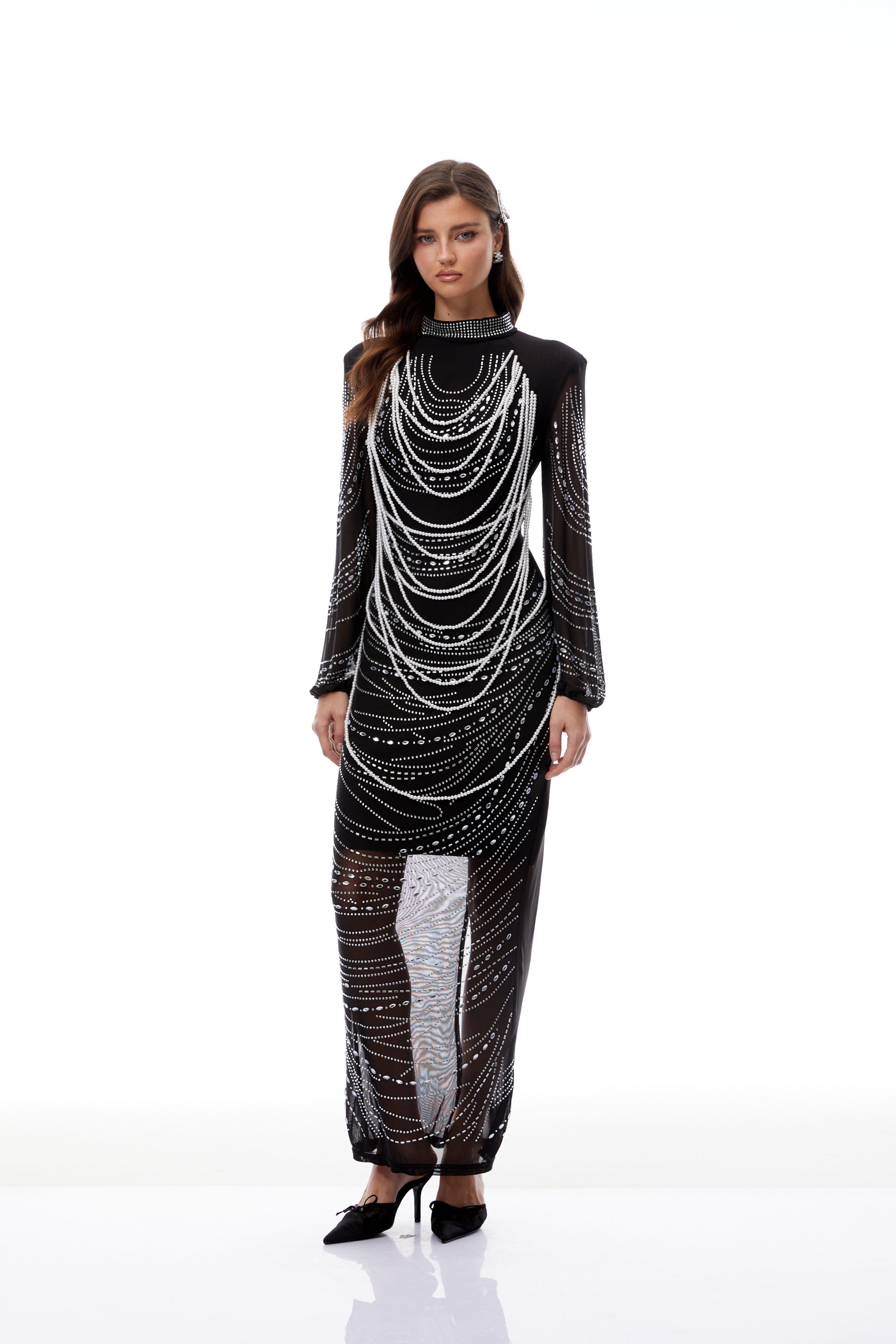 Ingrid Black Embellished Fringed Mesh Maxi Dress